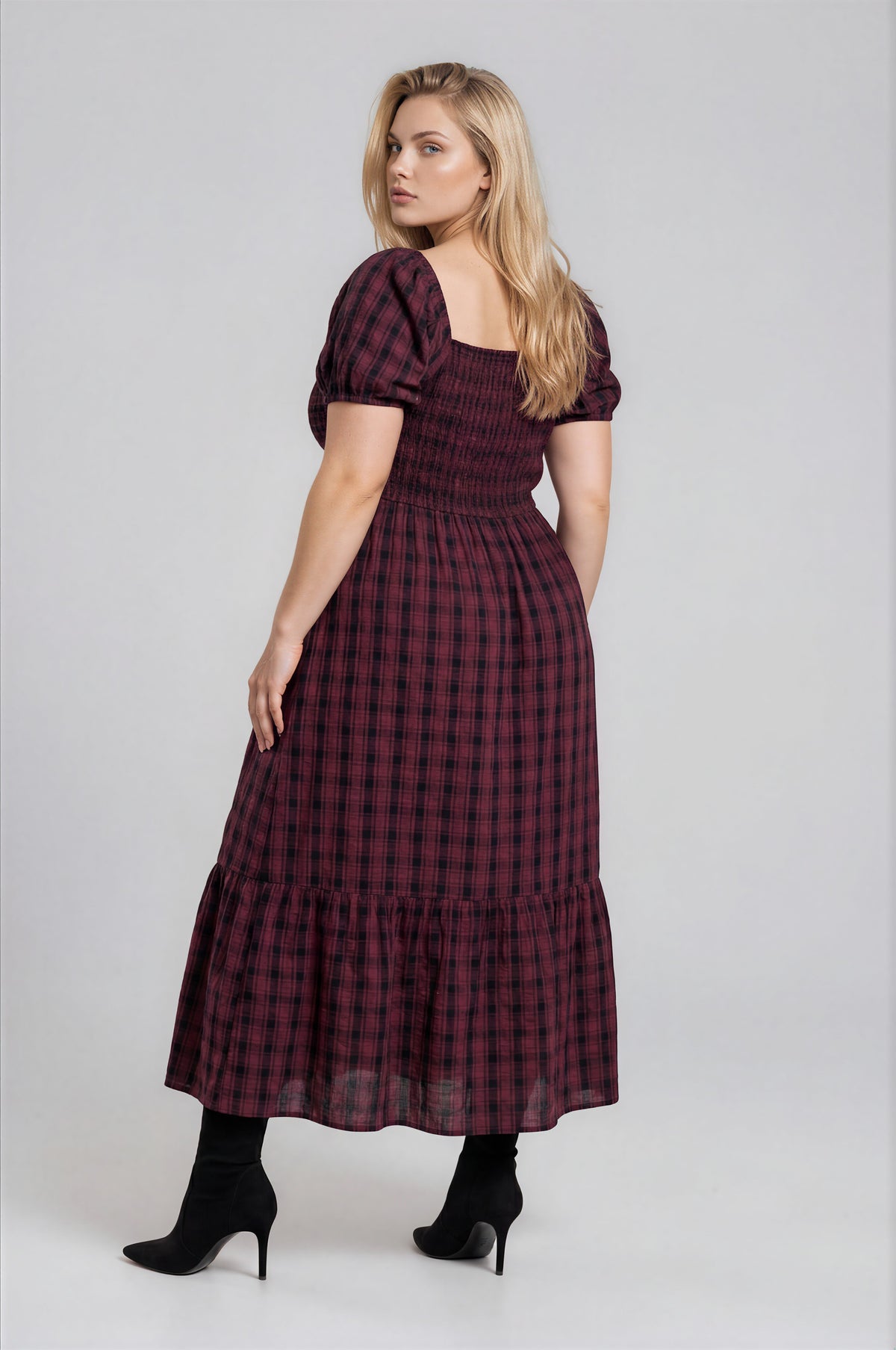 Smocked Top Plaid Puff Sleeve Midi Dress (1X - 3X)