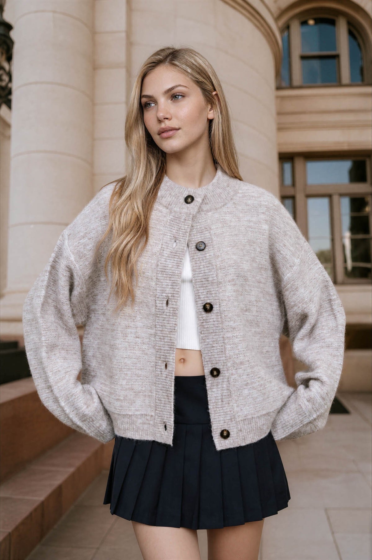 Marled Ribbed Trim Button Front Cardigan (Mocha)