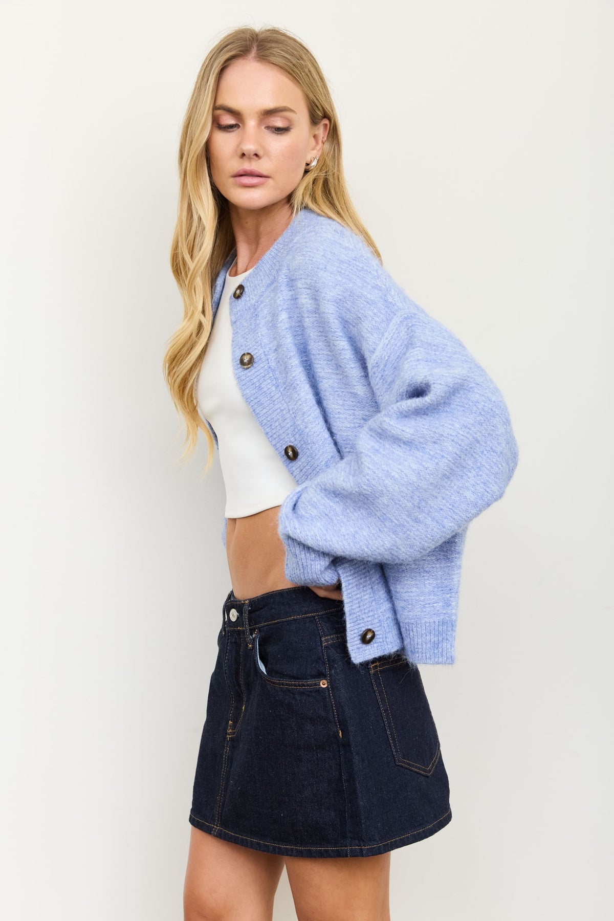 Marled Ribbed Trim Button Front Cardigan (Denim Blue)
