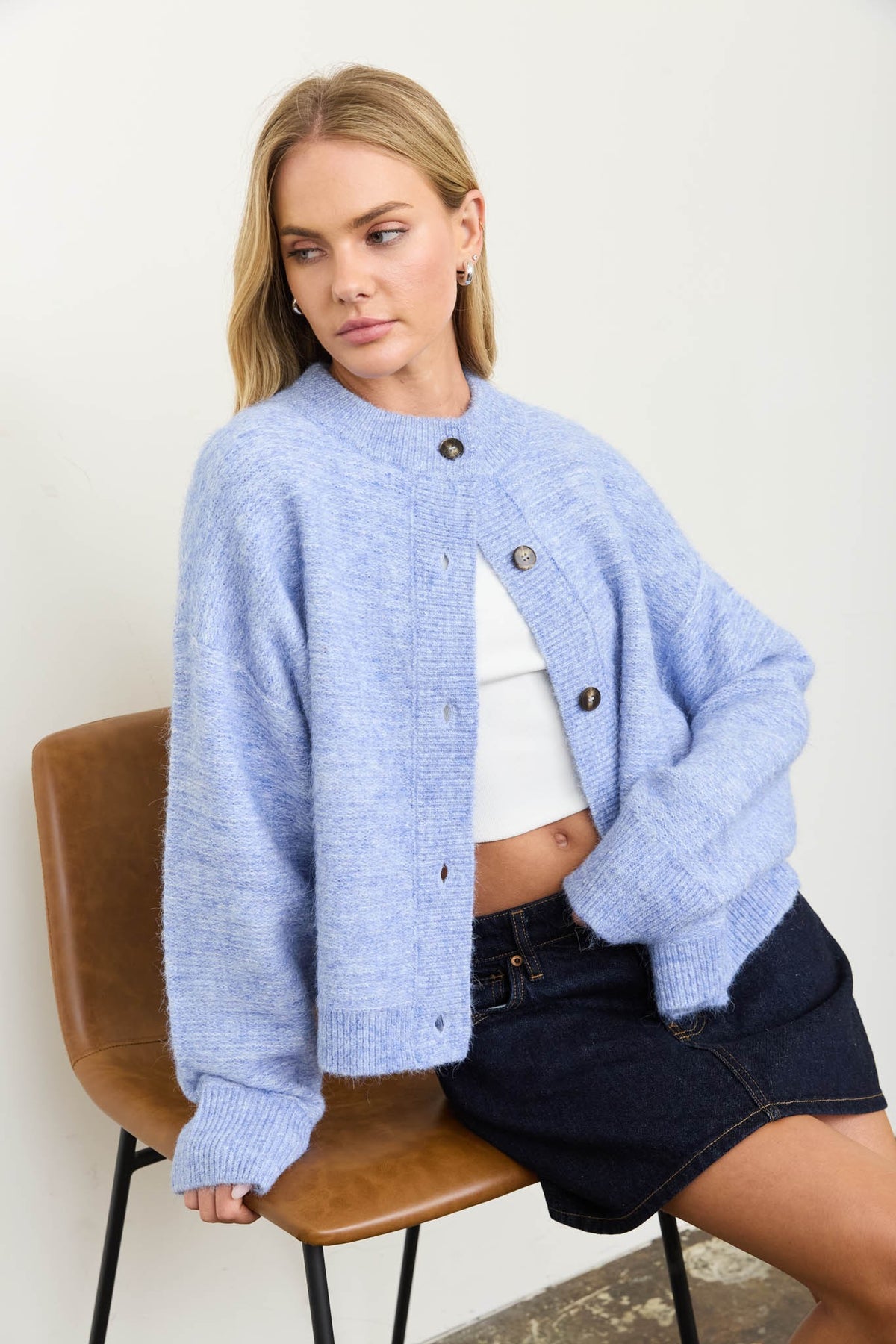 Marled Ribbed Trim Button Front Cardigan (Denim Blue)