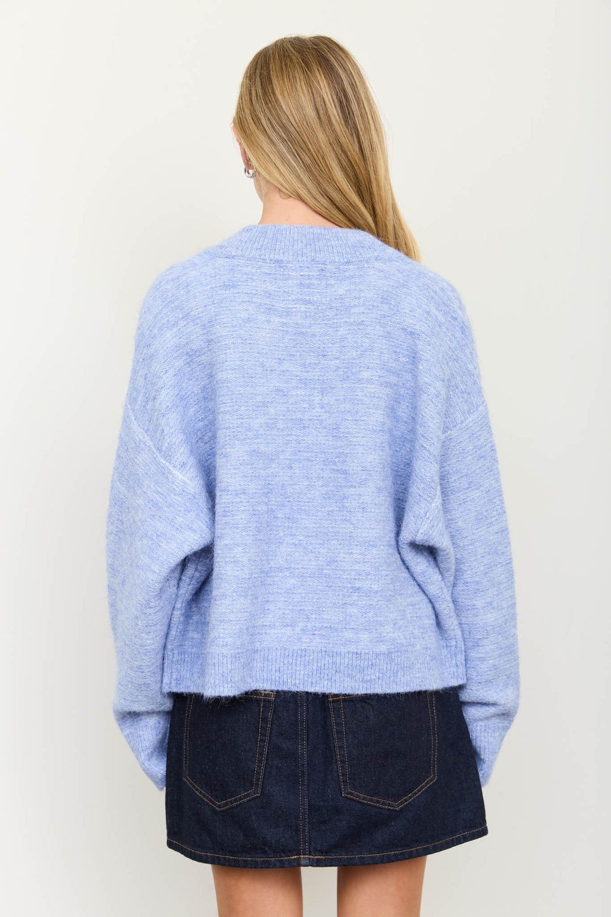 Marled Ribbed Trim Button Front Cardigan (Denim Blue)