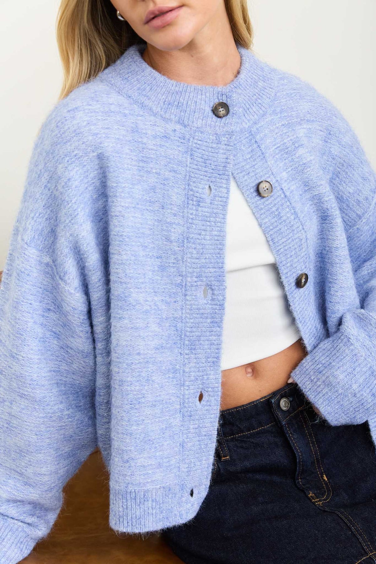 Marled Ribbed Trim Button Front Cardigan (Denim Blue)