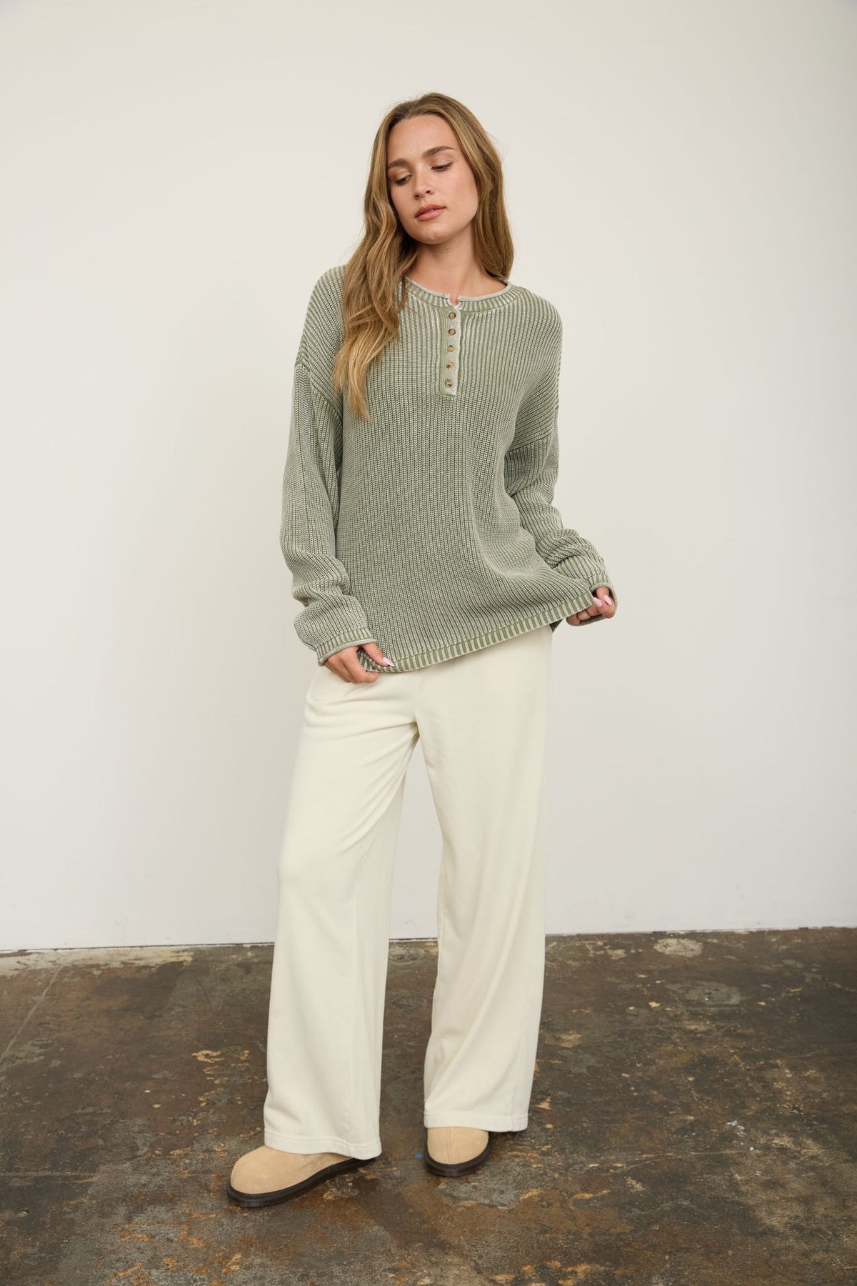 Washed Ribbed Henley Drop Shoulder Knit Sweater (Light Olive)