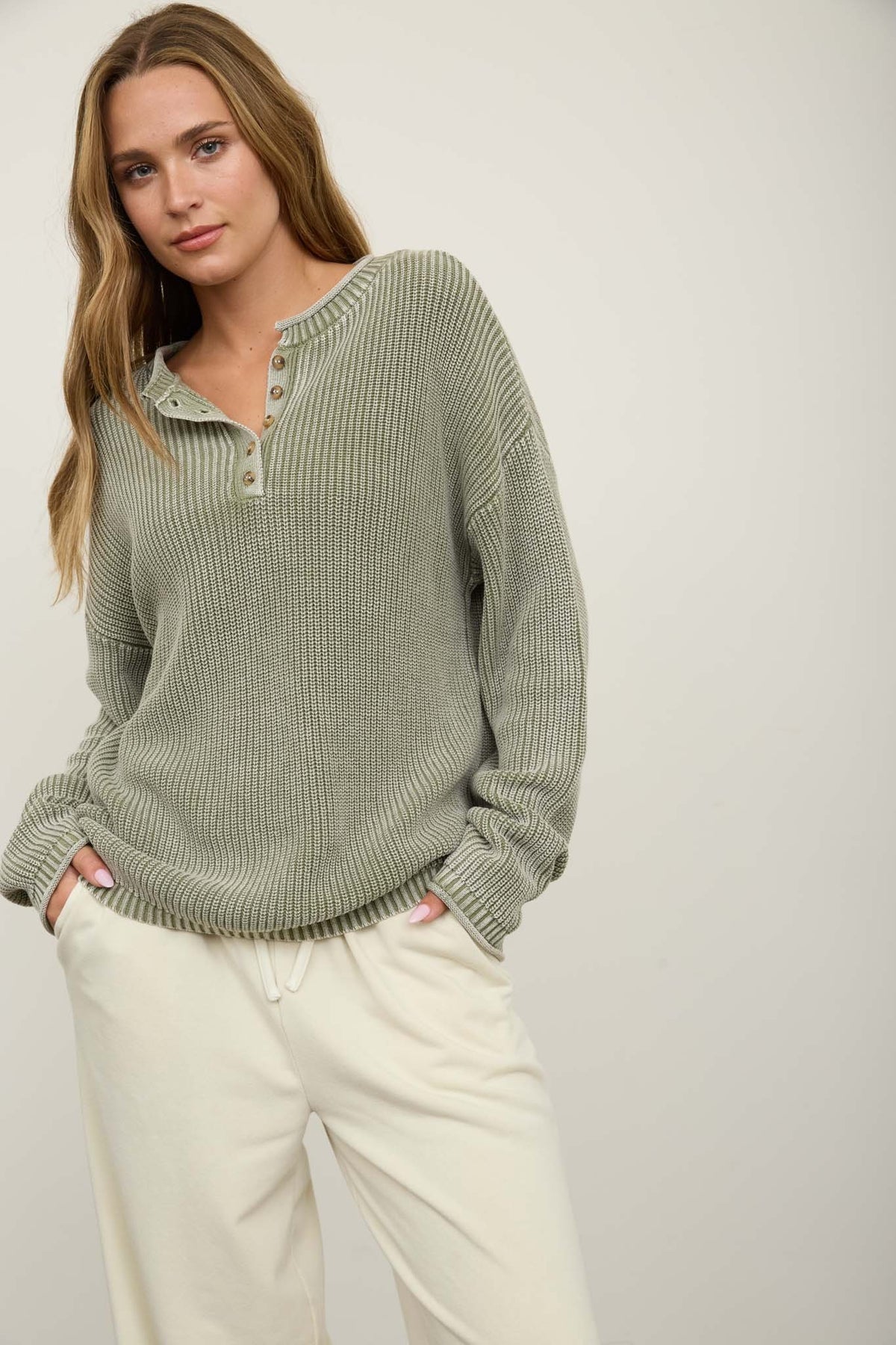 Washed Ribbed Henley Drop Shoulder Knit Sweater (Light Olive)