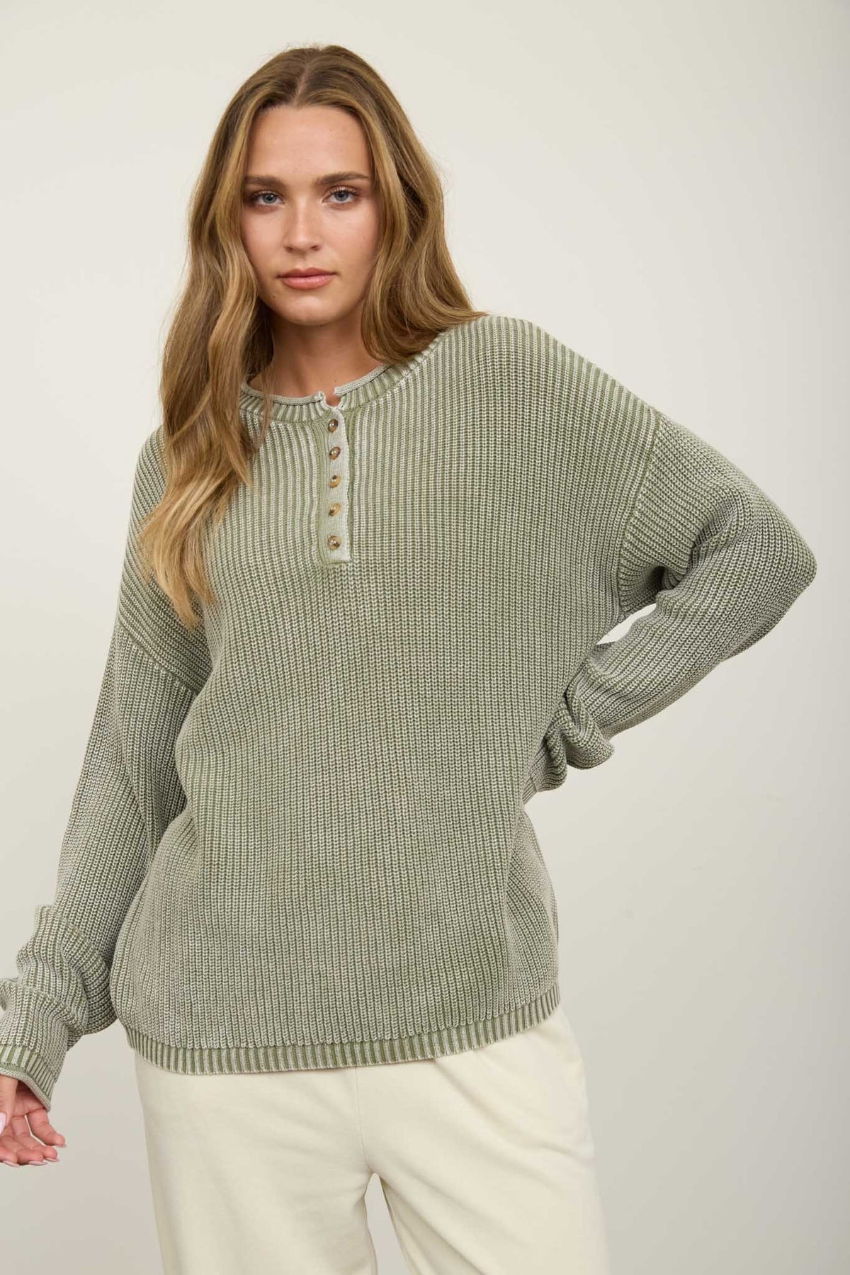 Washed Ribbed Henley Drop Shoulder Knit Sweater (Light Olive)