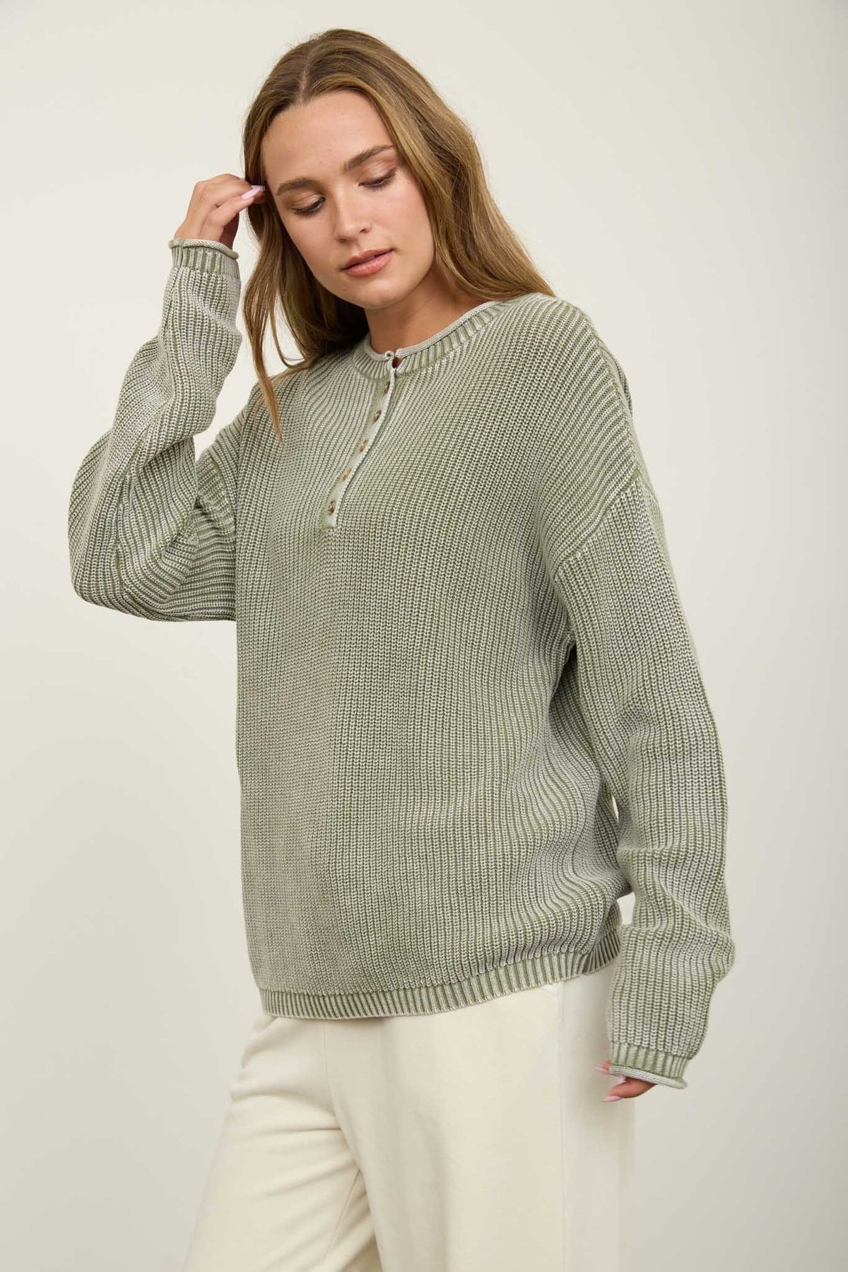 Washed Ribbed Henley Drop Shoulder Knit Sweater (Light Olive)