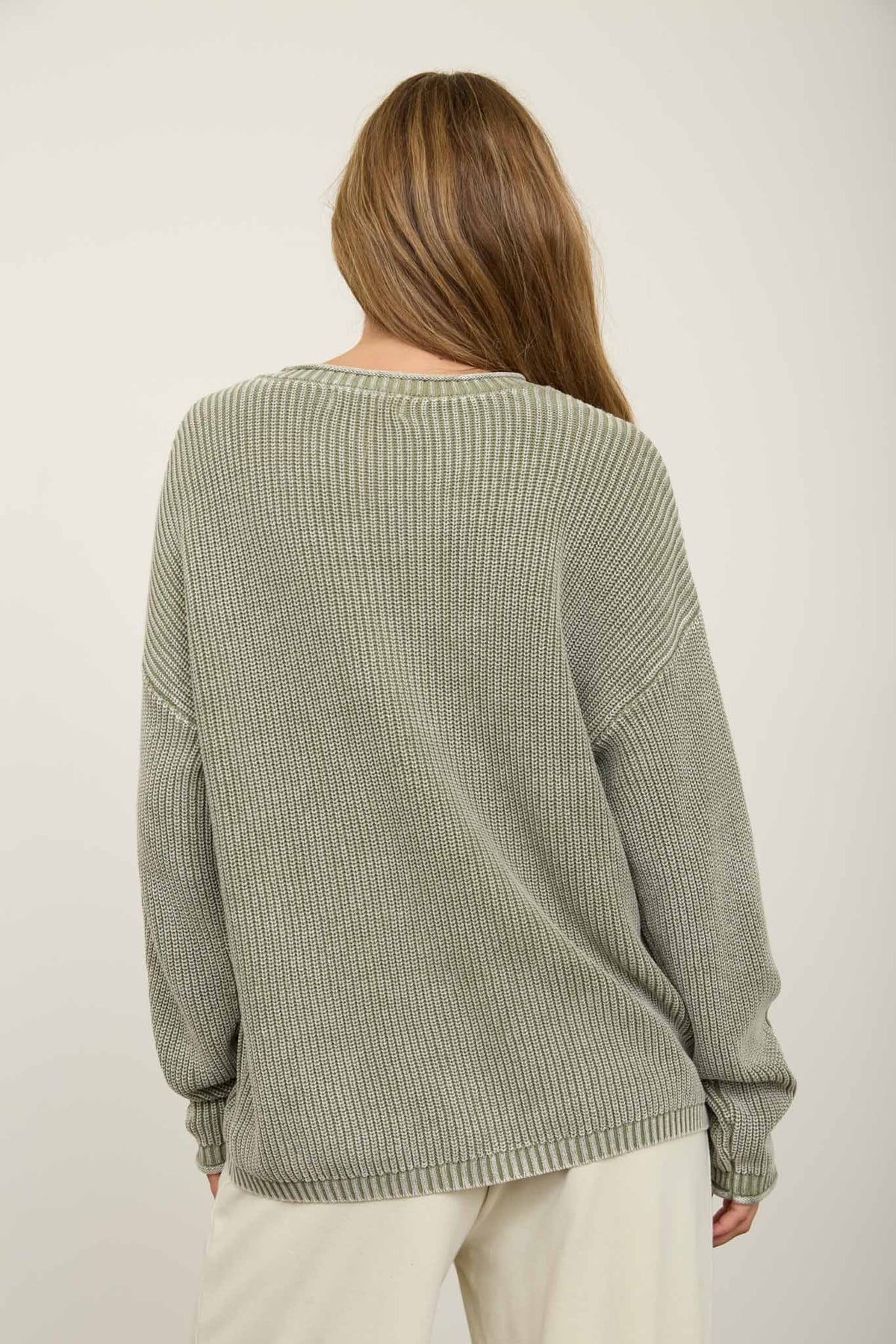 Washed Ribbed Henley Drop Shoulder Knit Sweater (Light Olive)