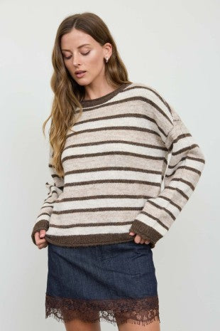 Heathered Multi-Stripe Raw Edge Knit Sweater