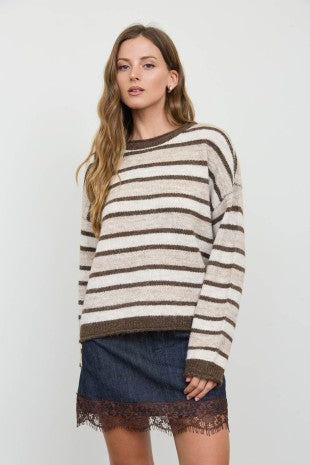 Heathered Multi-Stripe Raw Edge Knit Sweater