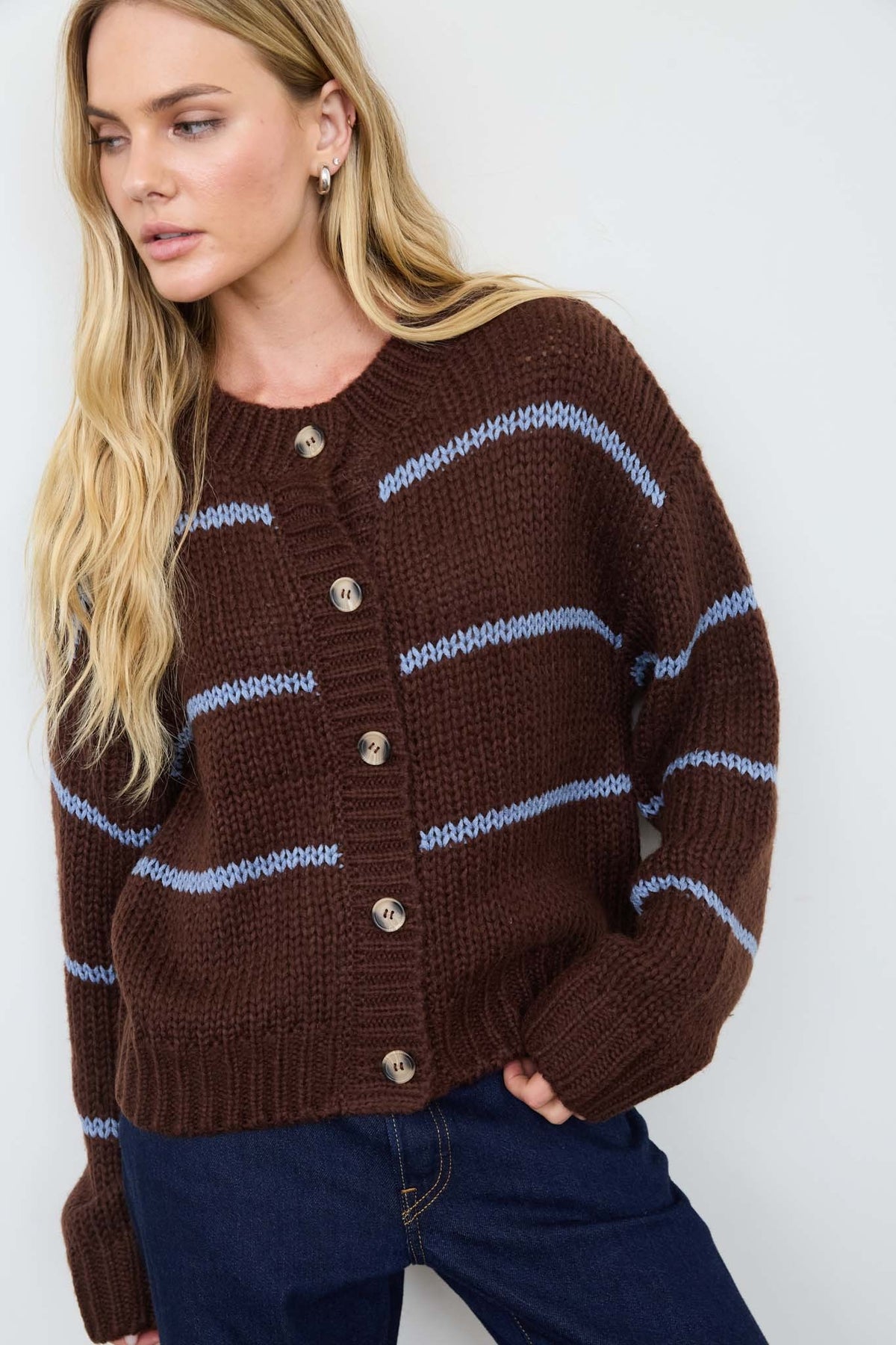 Stripe Jacquard Button Down Knit Cardigan