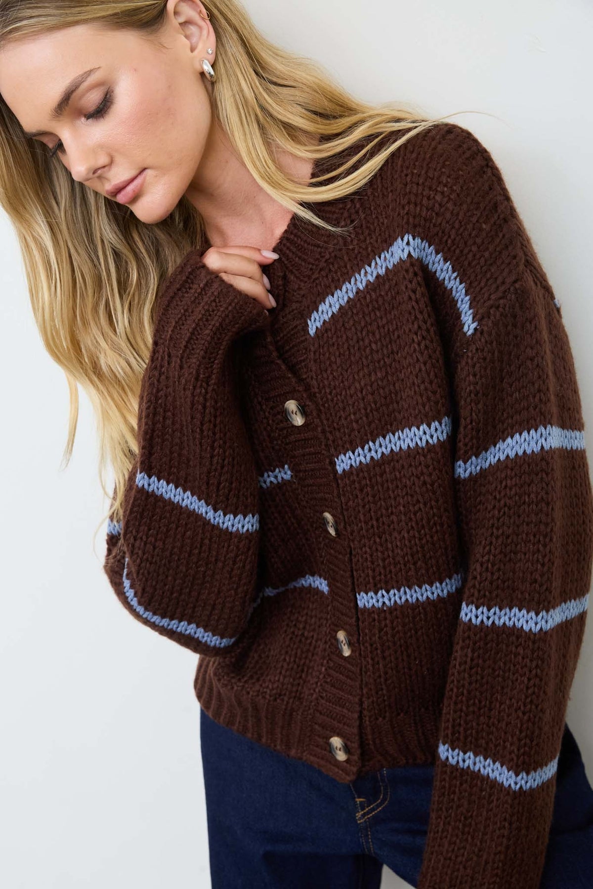 Stripe Jacquard Button Down Knit Cardigan
