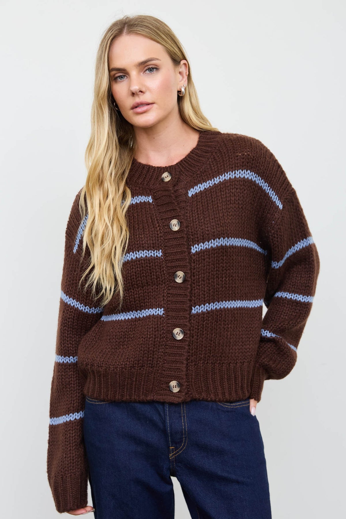 Stripe Jacquard Button Down Knit Cardigan