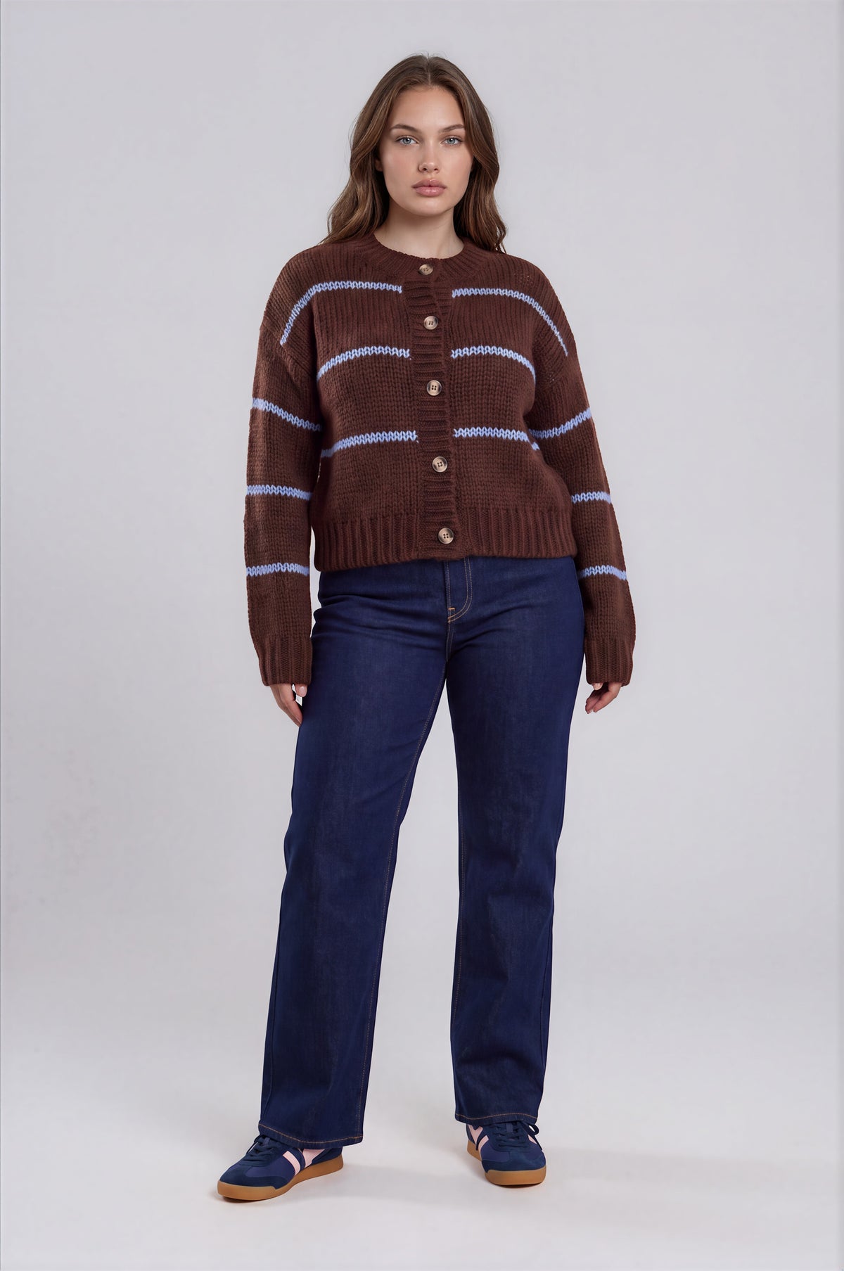 Stripe Jacquard Button Down Knit Cardigan (1X - 3X)