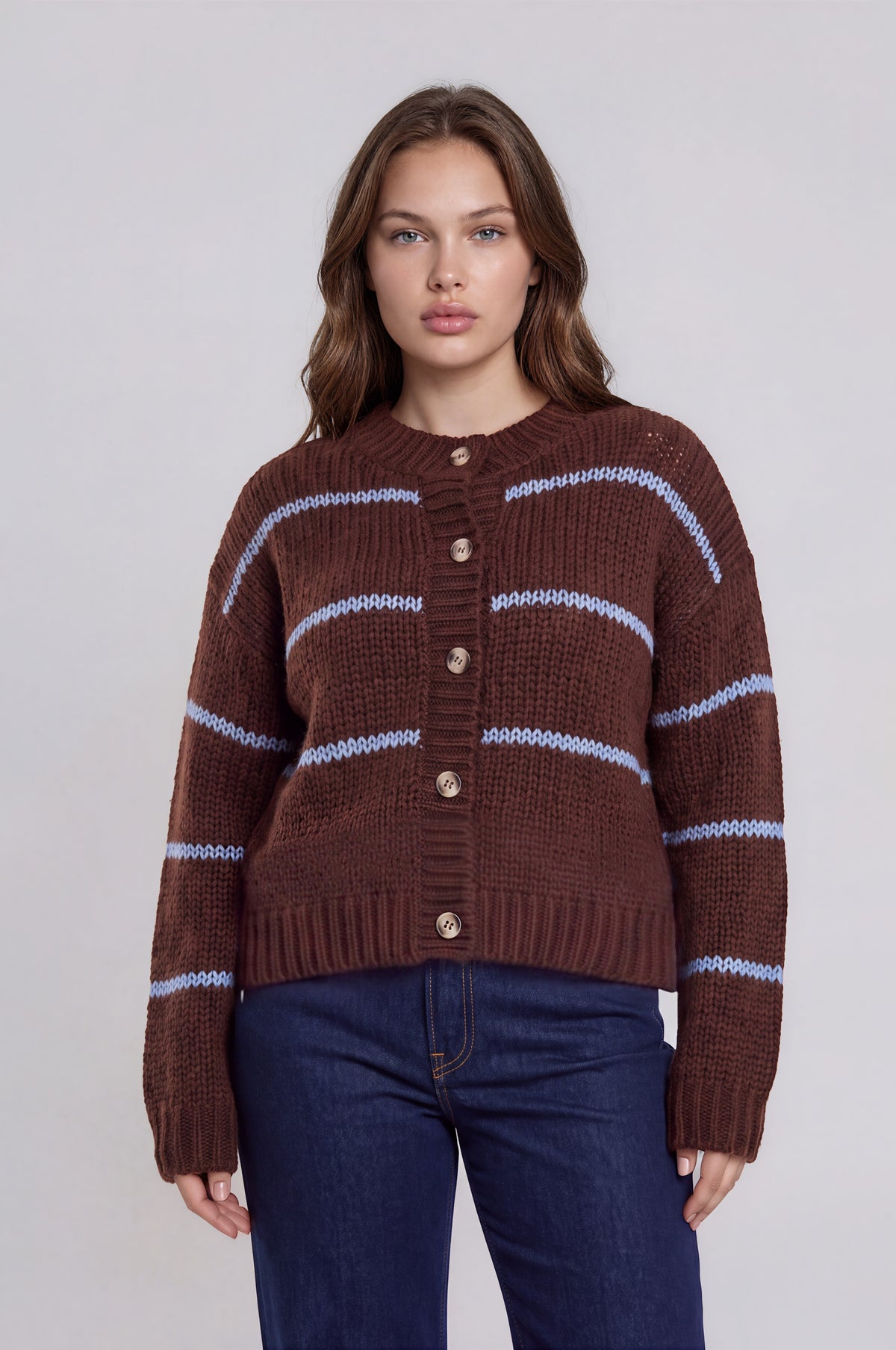 Stripe Jacquard Button Down Knit Cardigan (1X - 3X)