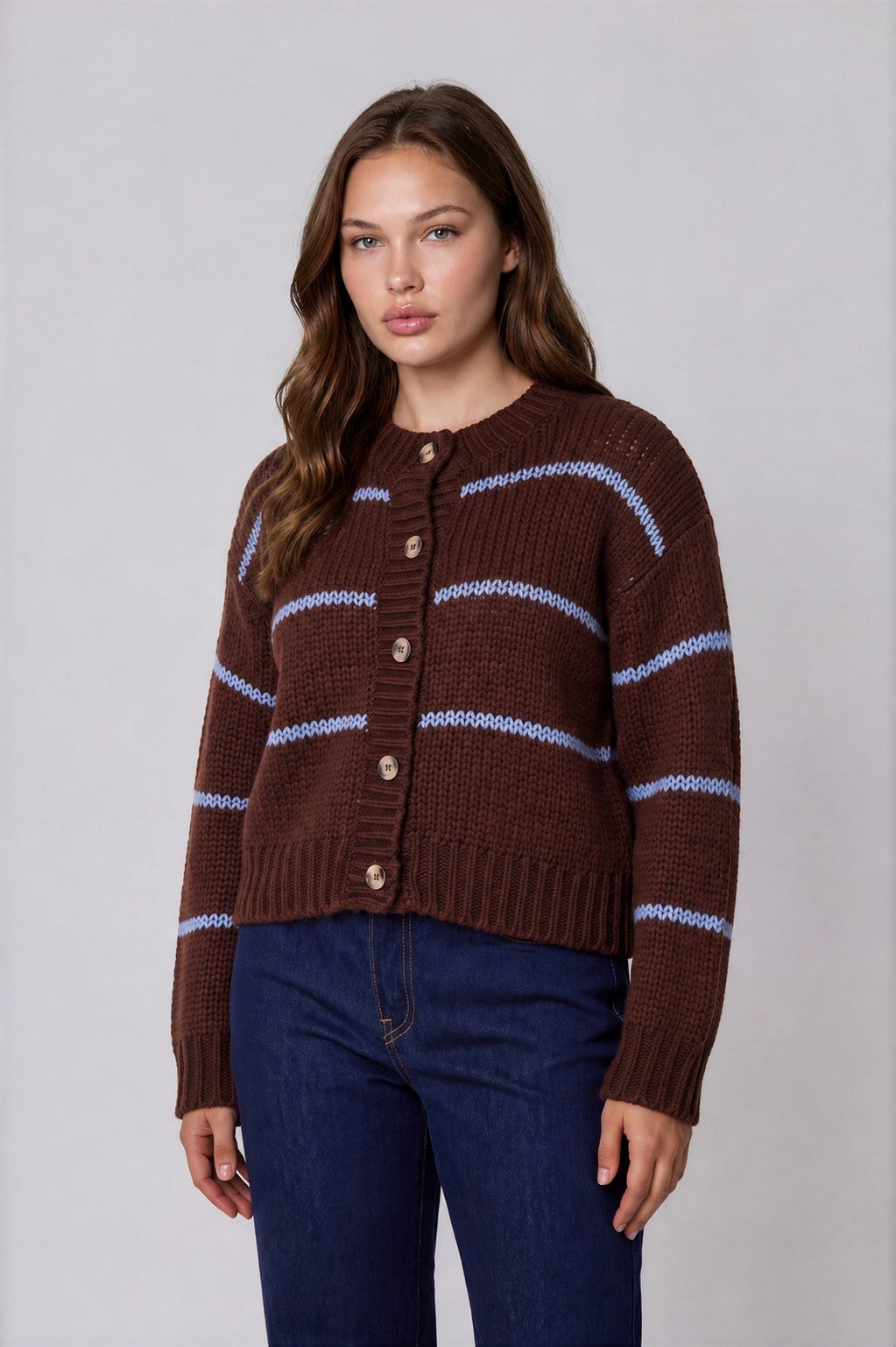 Stripe Jacquard Button Down Knit Cardigan (1X - 3X)