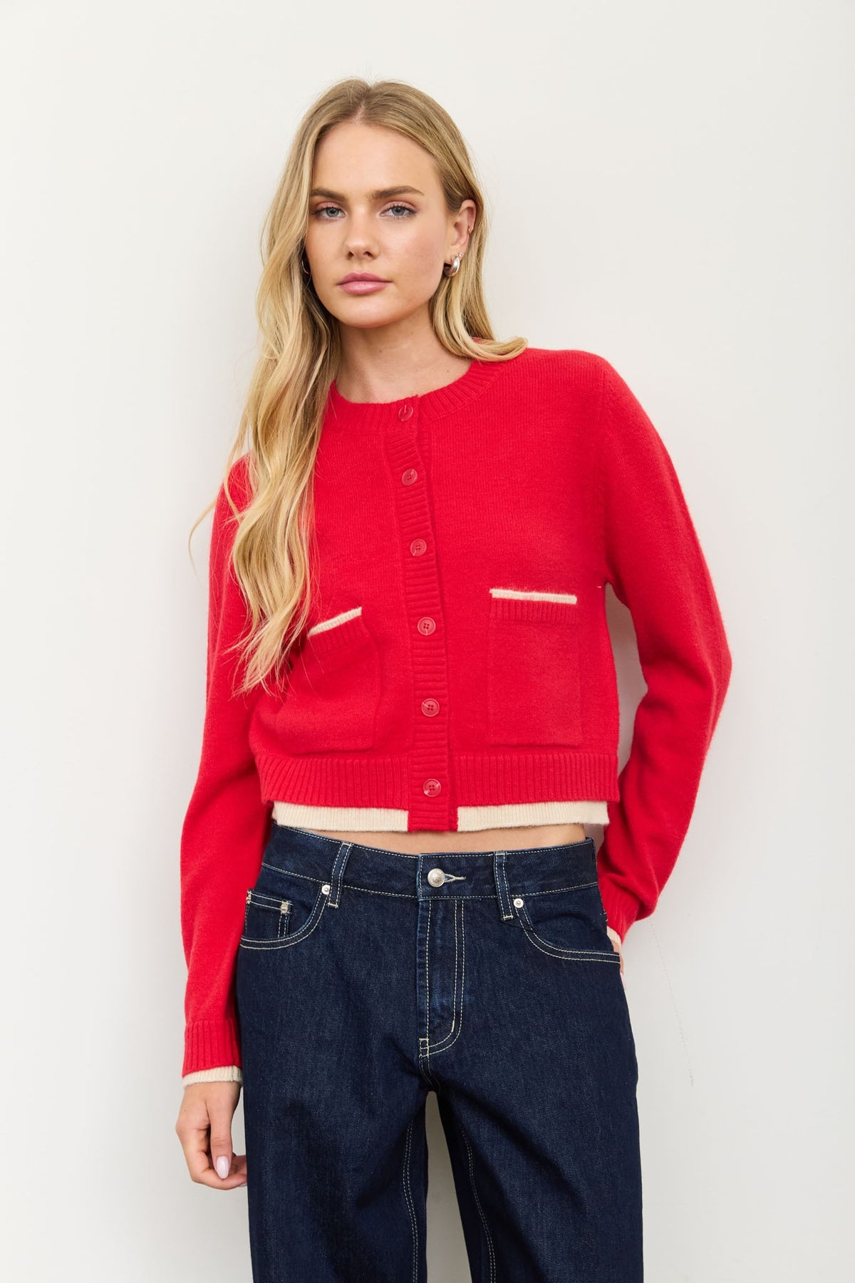 Contrast Pocket Long Sleeve Cardigan