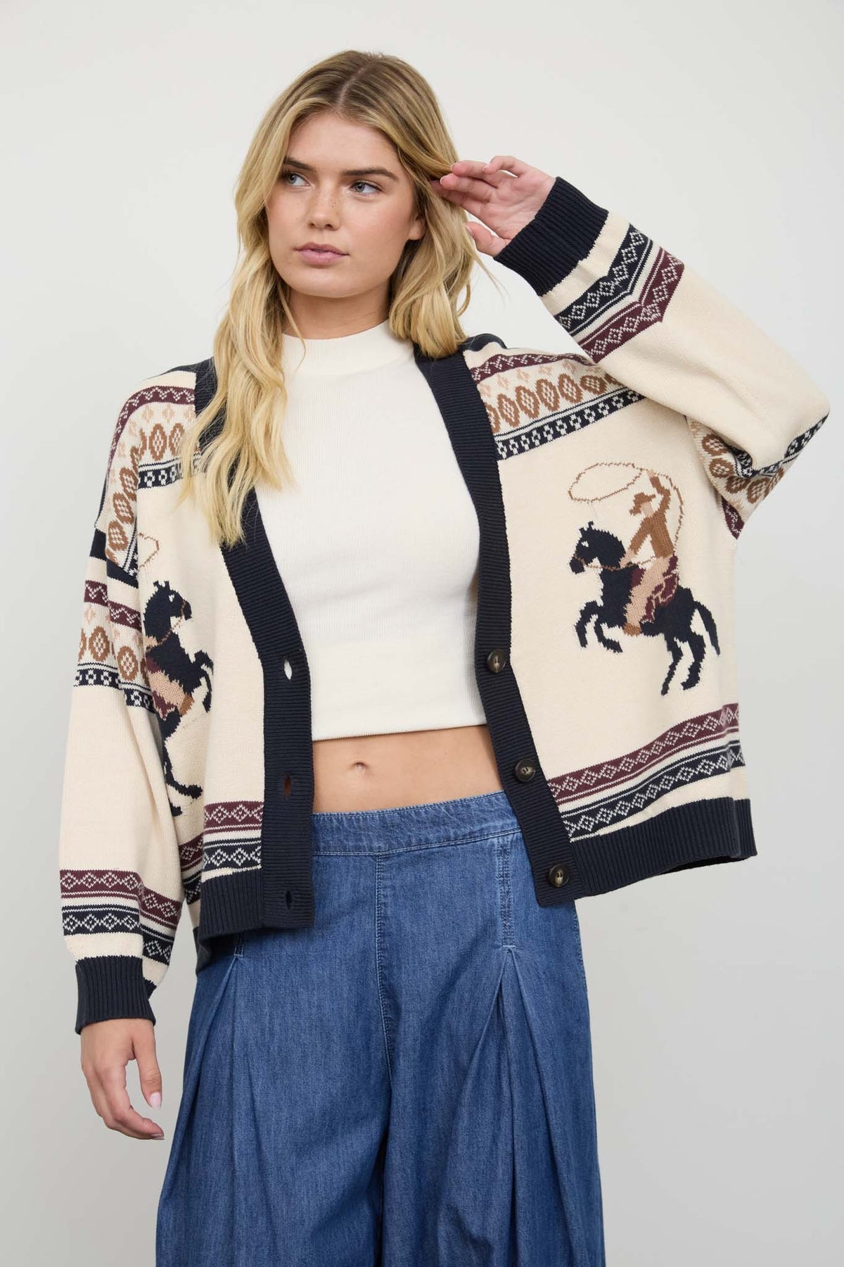 Rodeo Jacquard Button Front Cardigan