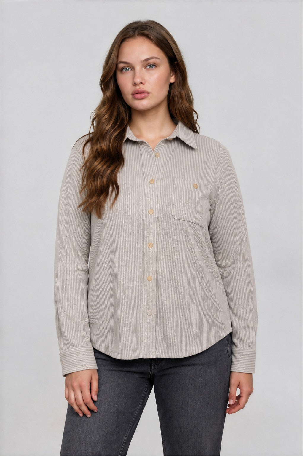 Collared Button Front Long Sleeve Shirt (1X - 3X)