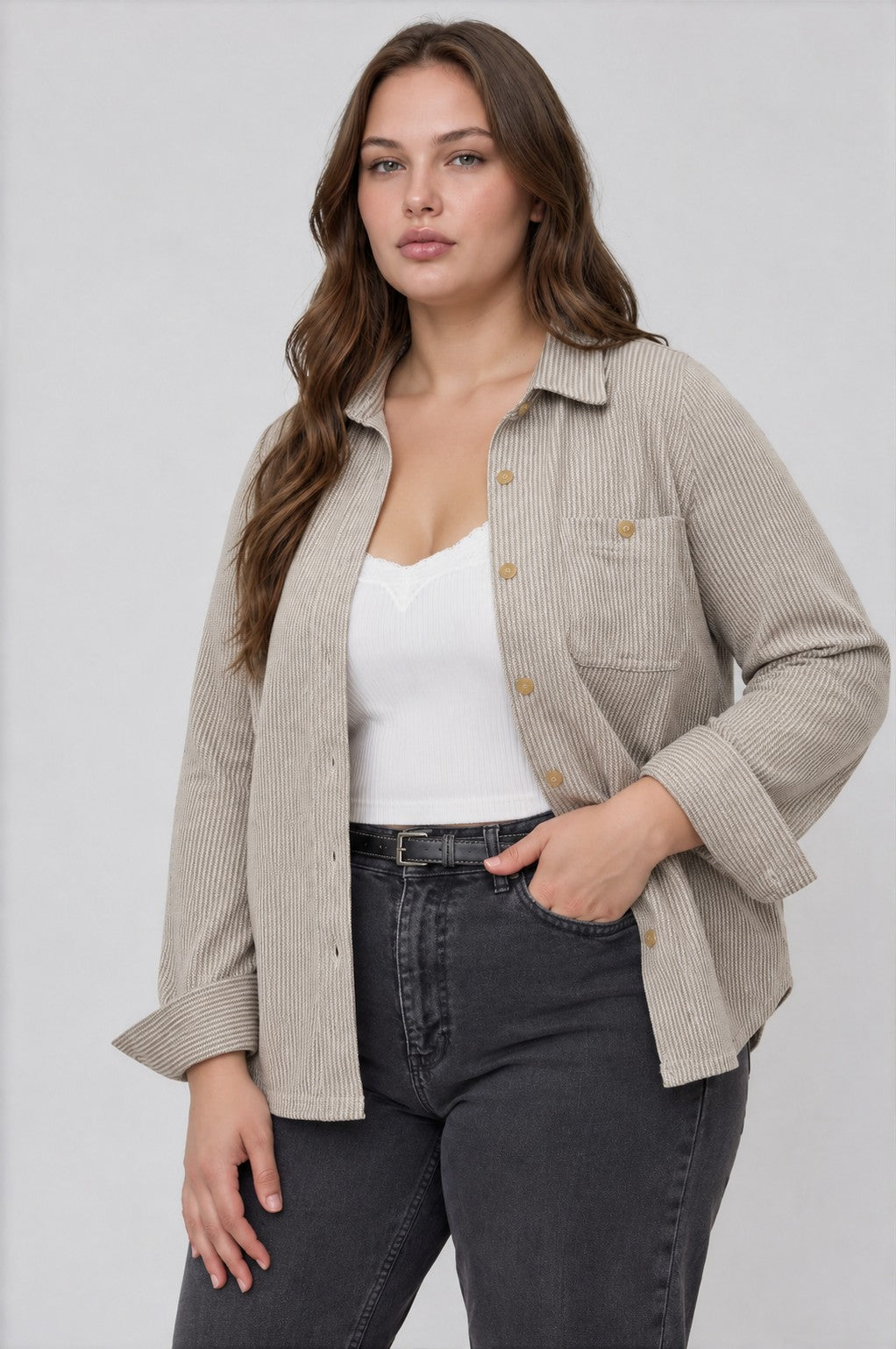 Collared Button Front Long Sleeve Shirt (1X - 3X)