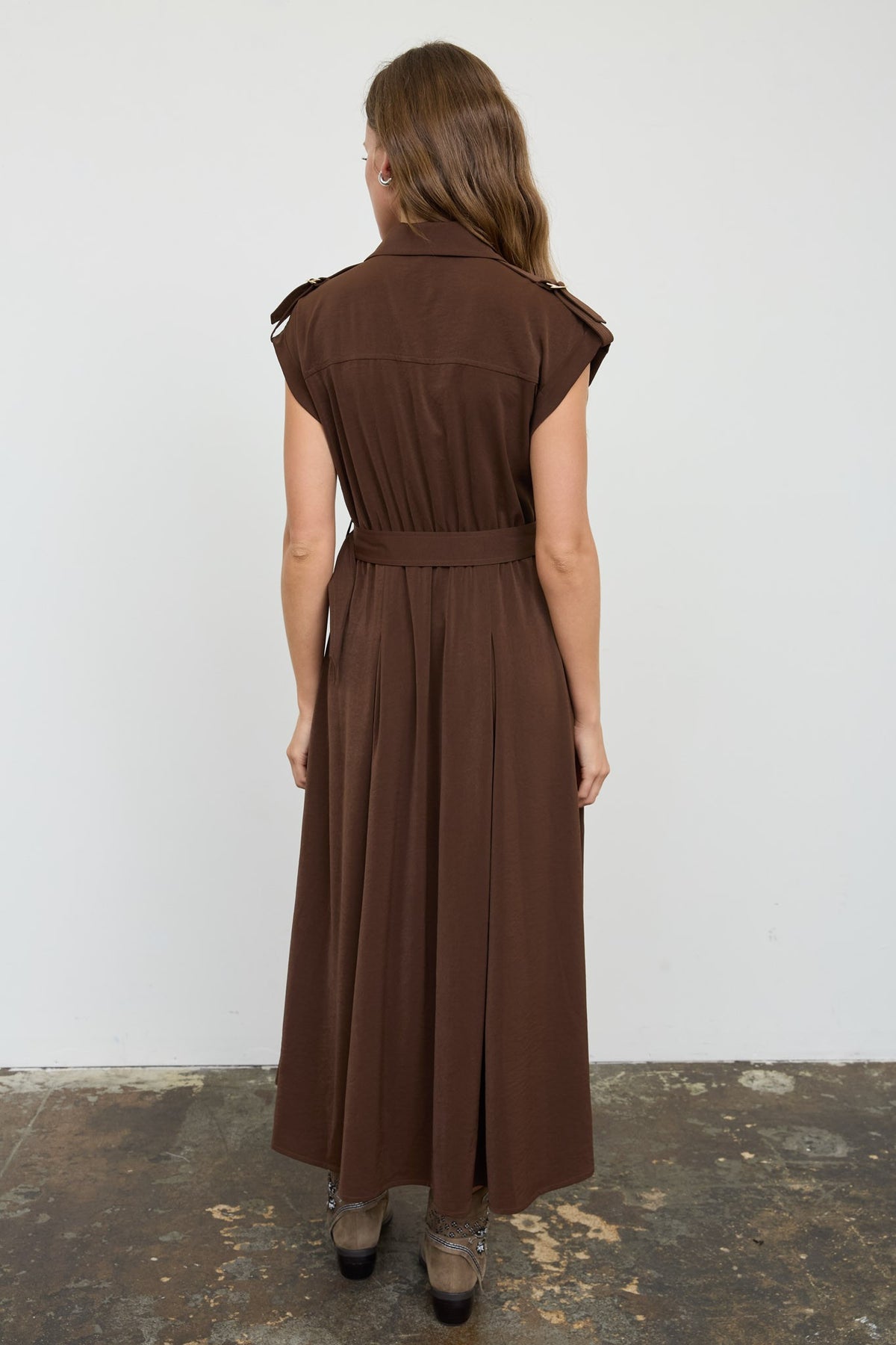 Collared Tab Shoulder Belted Midi Dress (Brown)