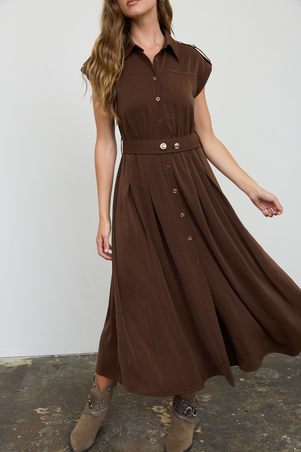 Collared Tab Shoulder Belted Midi Dress (Brown)