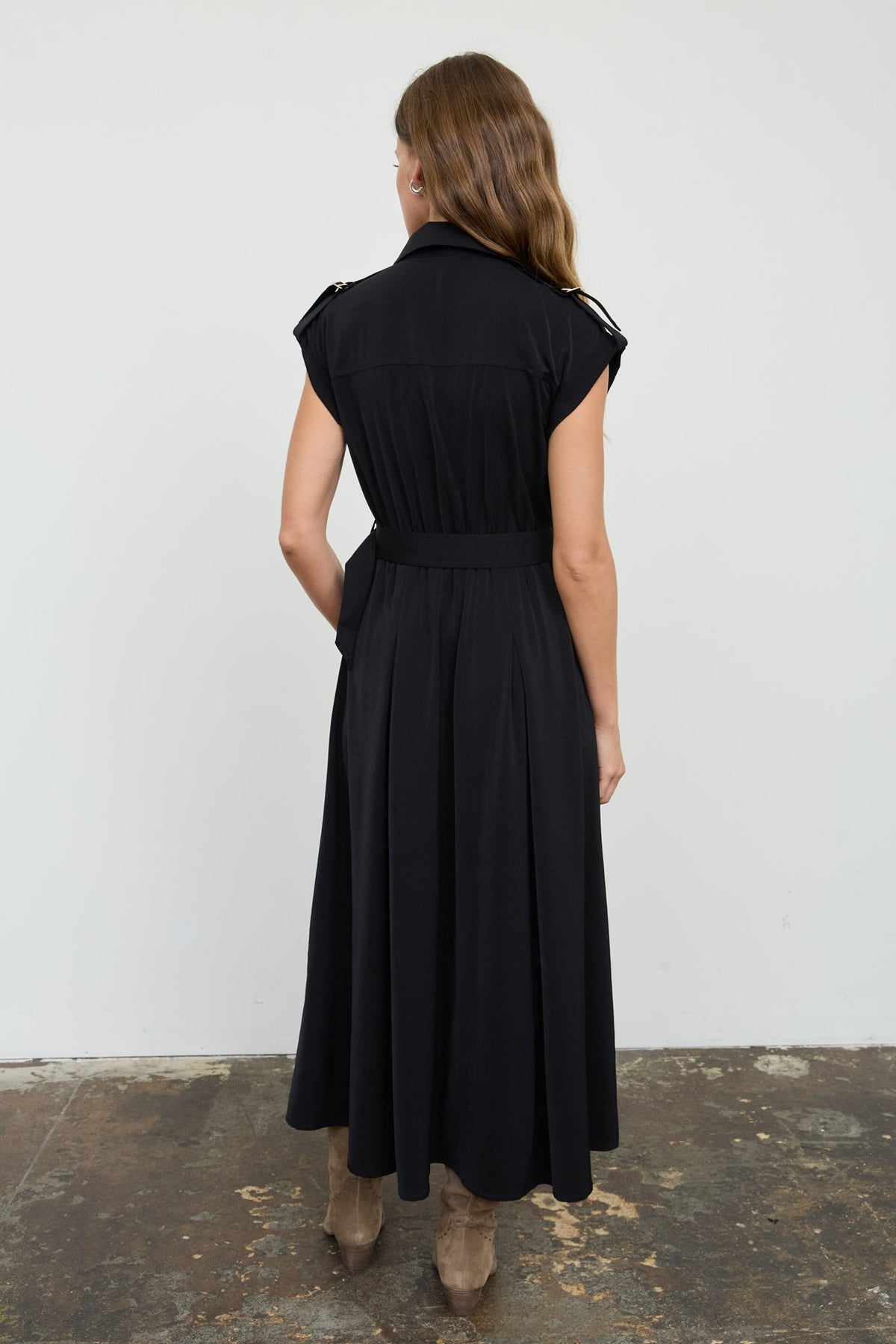 Collared Tab Shoulder Belted Midi Dress (Black)