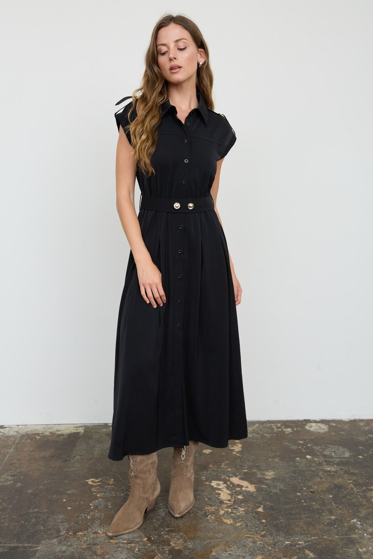 Collared Tab Shoulder Belted Midi Dress (Black)