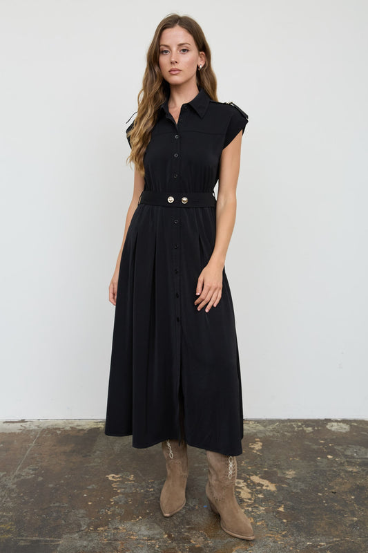 Collared Tab Shoulder Belted Midi Dress (Black)