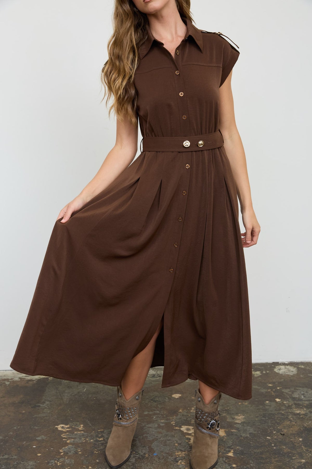 Collared Tab Shoulder Belted Midi Dress (Brown)