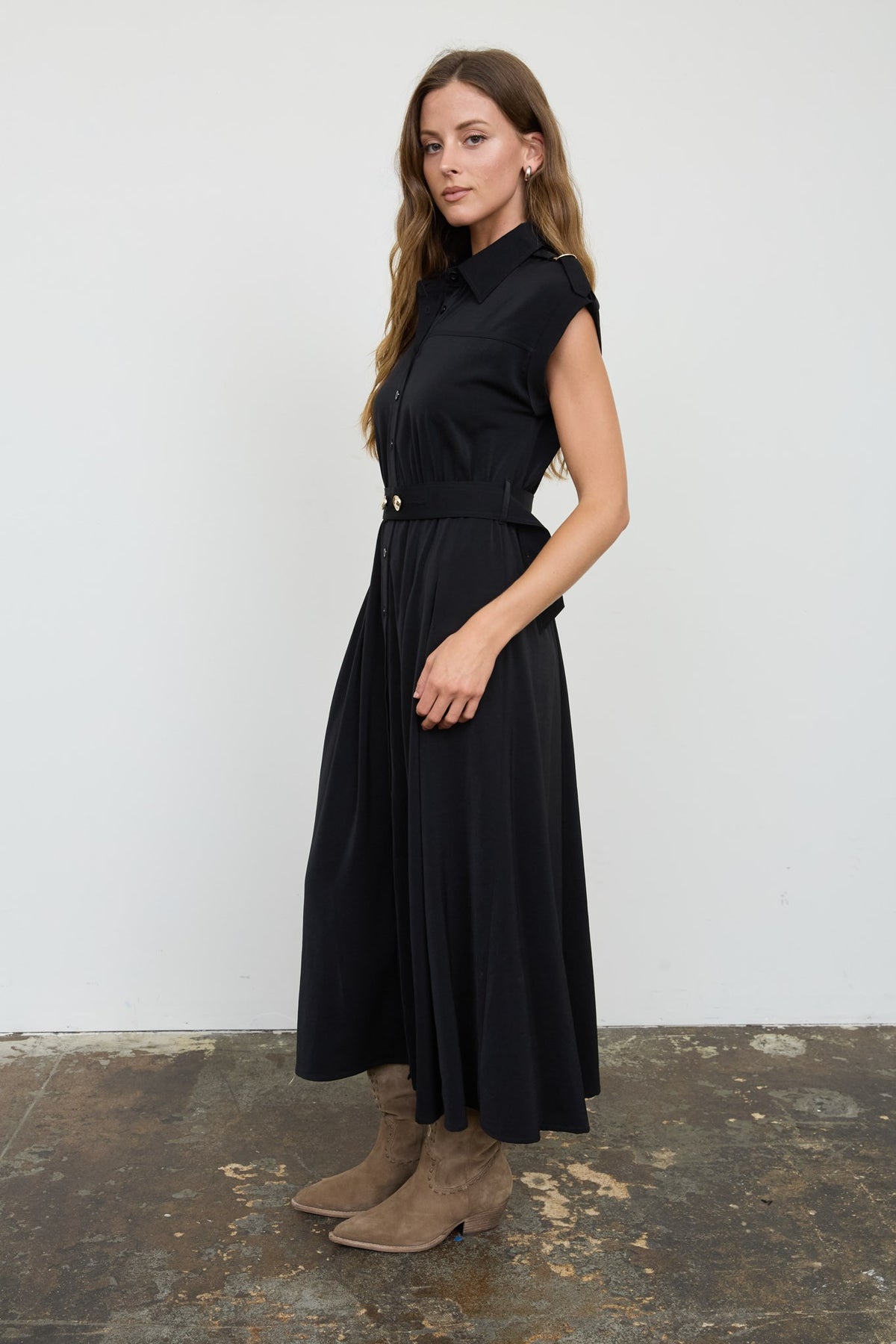 Collared Tab Shoulder Belted Midi Dress (Black)