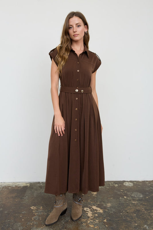 Collared Tab Shoulder Belted Midi Dress (Brown)