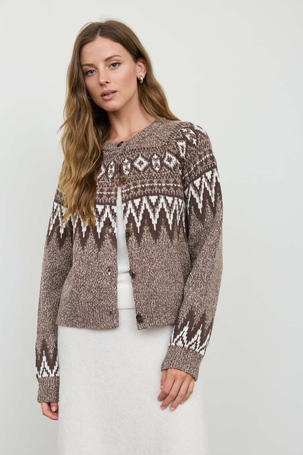 Marled Fair Isle Button Down Knit Cardigan