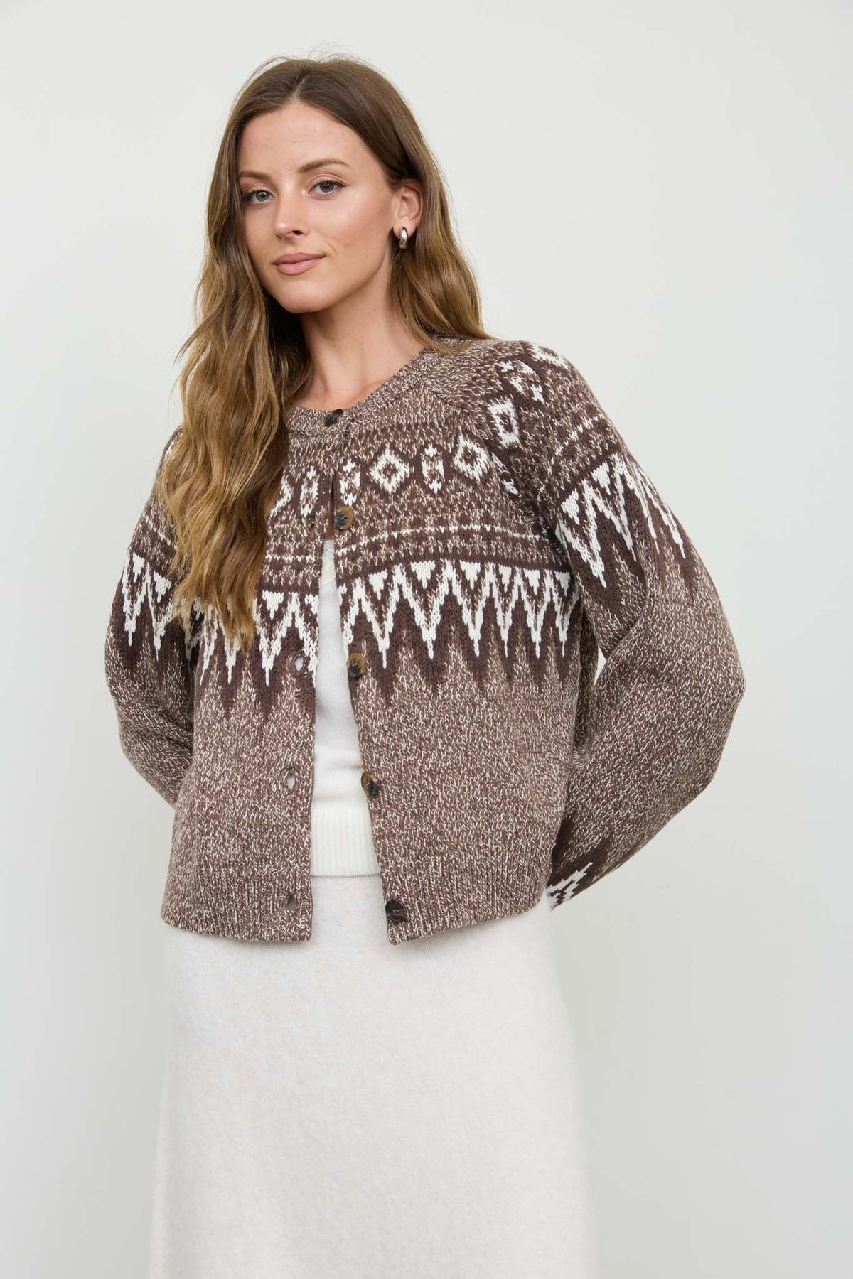 Marled Fair Isle Button Down Knit Cardigan