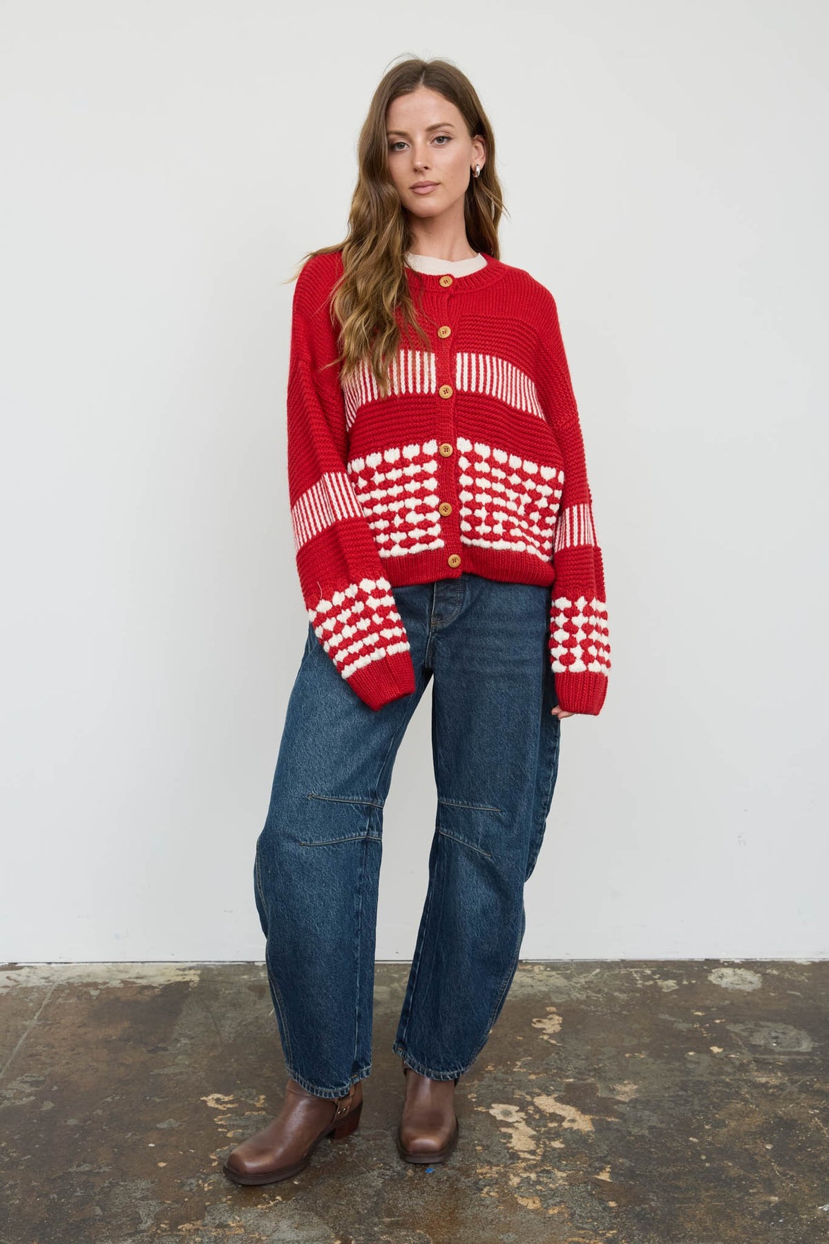 Contrast Stripe Pattern Button Down Cardigan (Red)