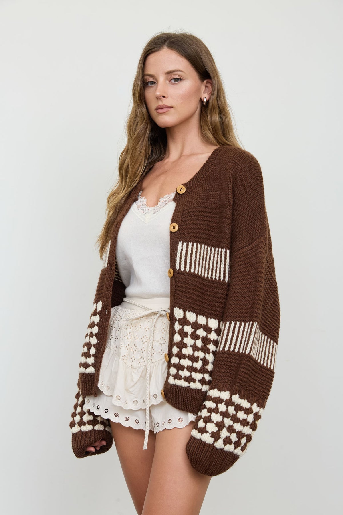 Contrast Stripe Pattern Button Down Cardigan (Brown)