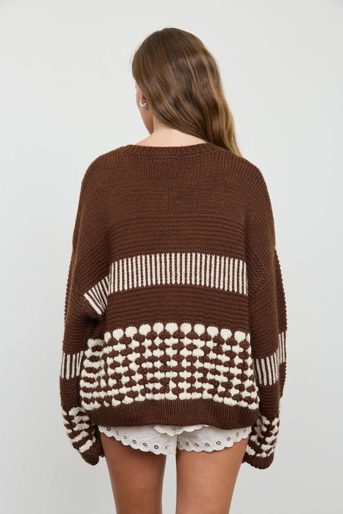 Contrast Stripe Pattern Button Down Cardigan (Brown)