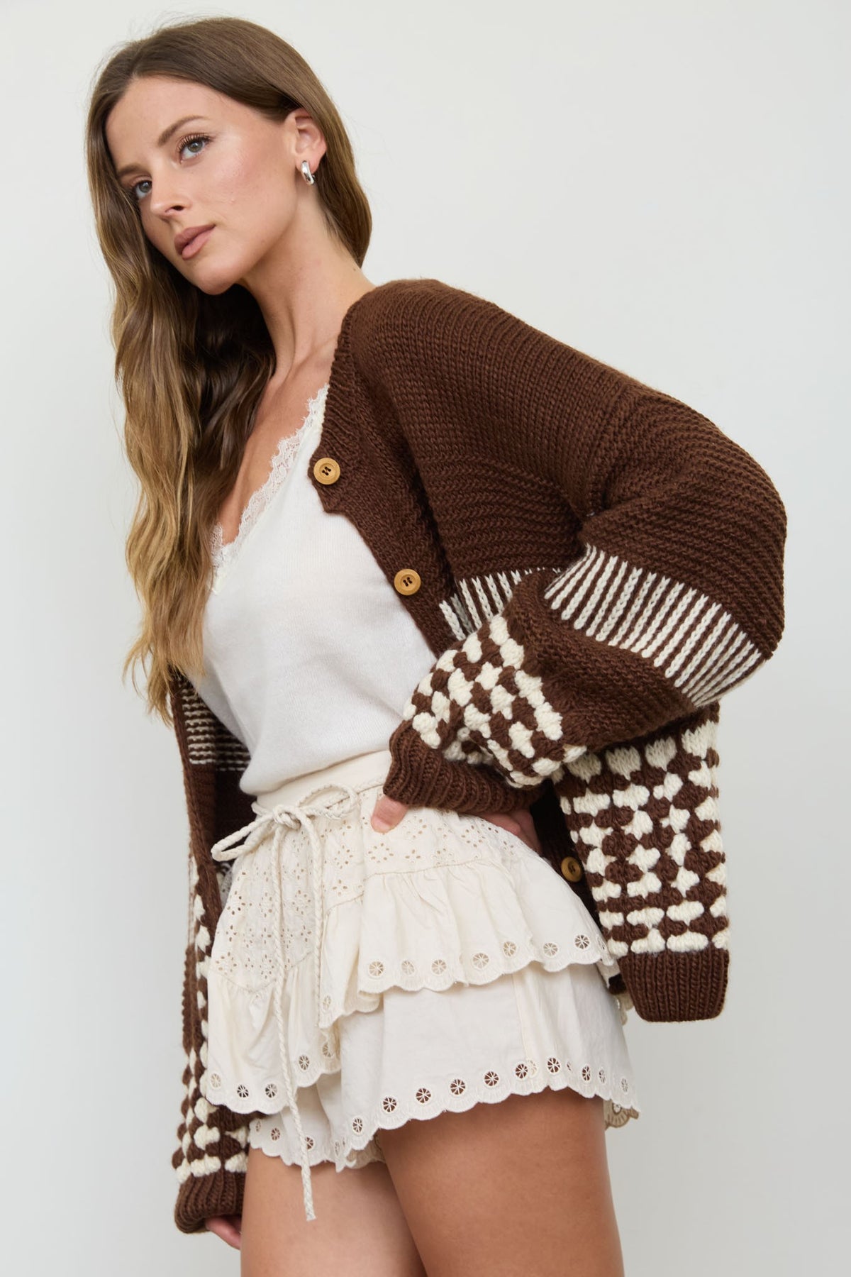 Contrast Stripe Pattern Button Down Cardigan (Brown)