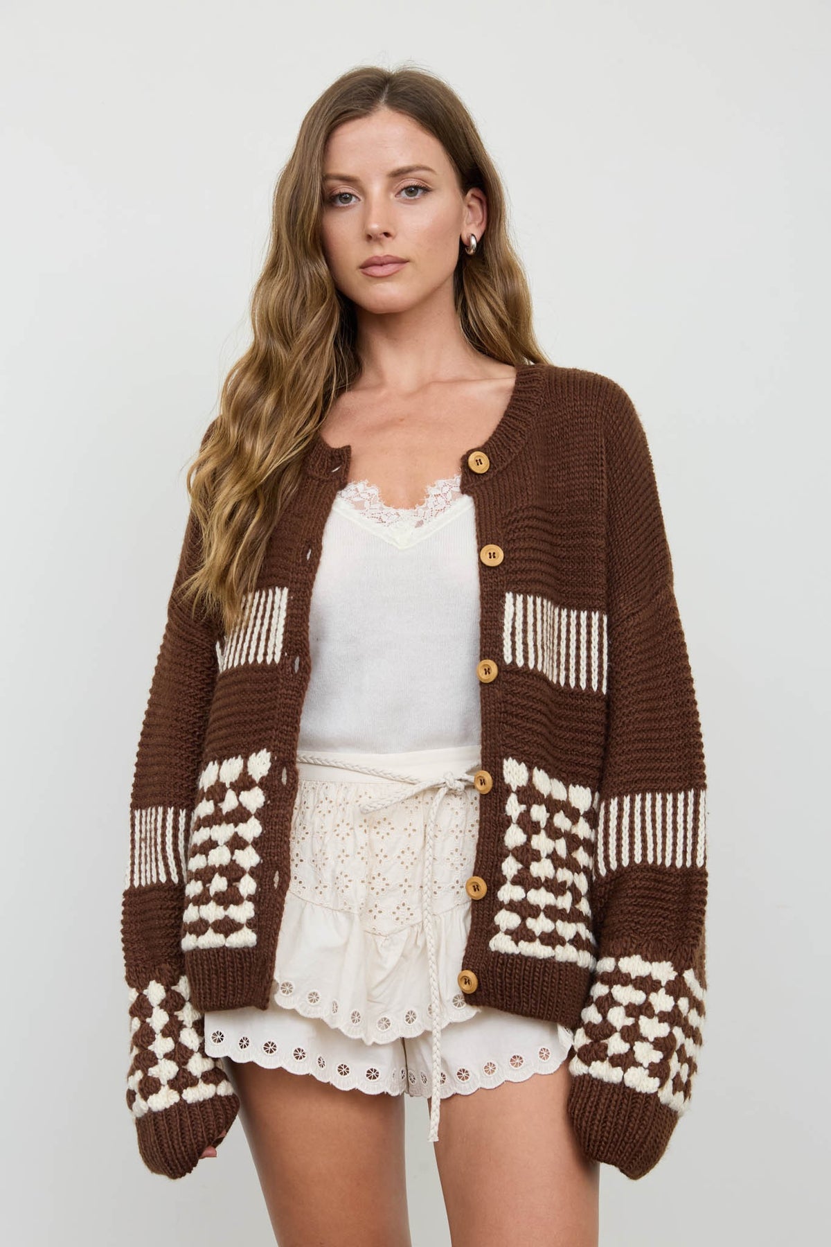 Contrast Stripe Pattern Button Down Cardigan (Brown)