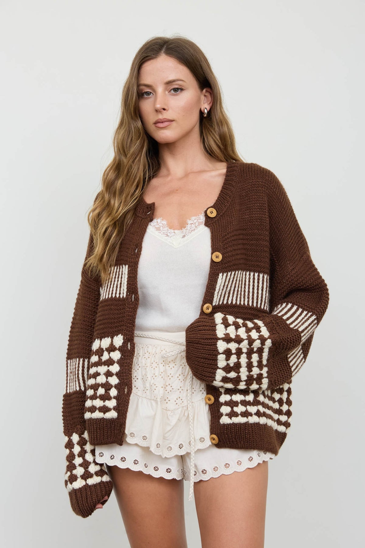 Contrast Stripe Pattern Button Down Cardigan (Brown)