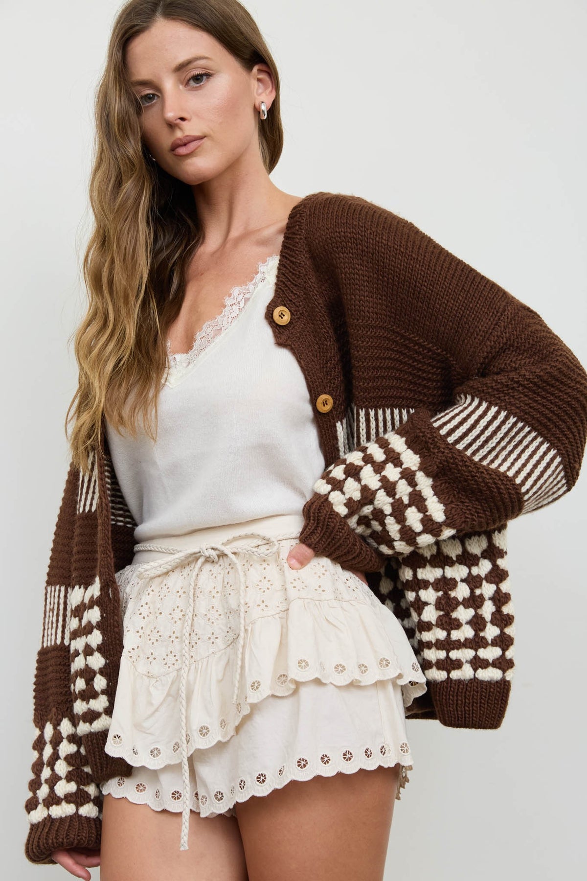 Contrast Stripe Pattern Button Down Cardigan (Brown)