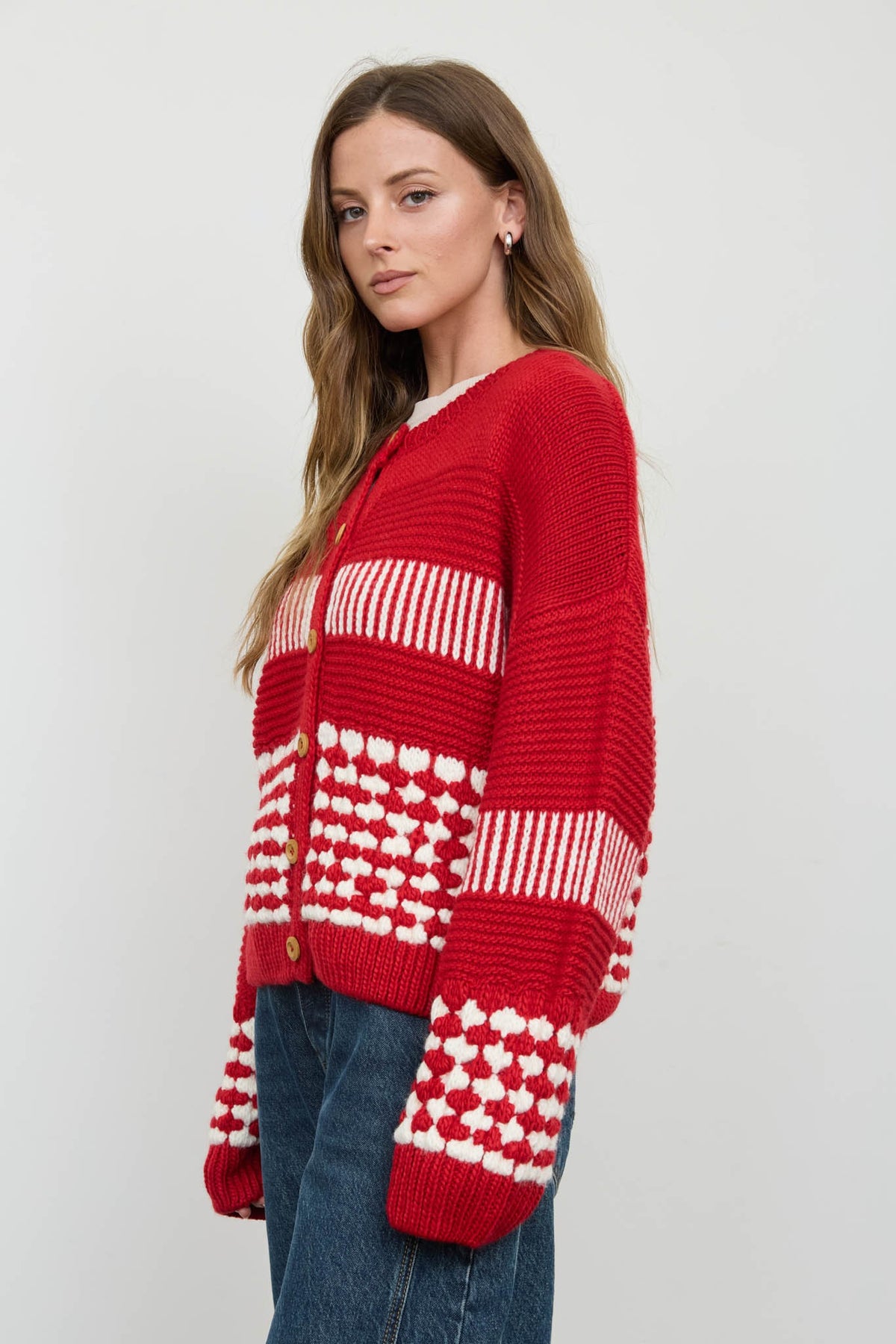 Contrast Stripe Pattern Button Down Cardigan (Red)