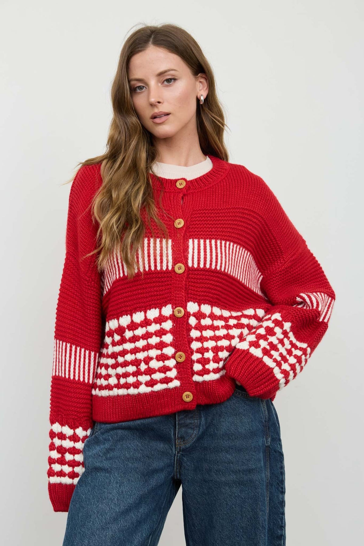 Contrast Stripe Pattern Button Down Cardigan (Red)