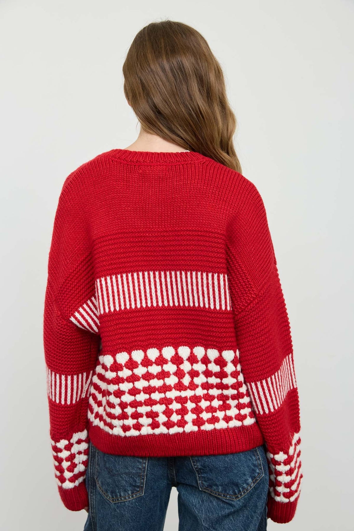 Contrast Stripe Pattern Button Down Cardigan (Red)