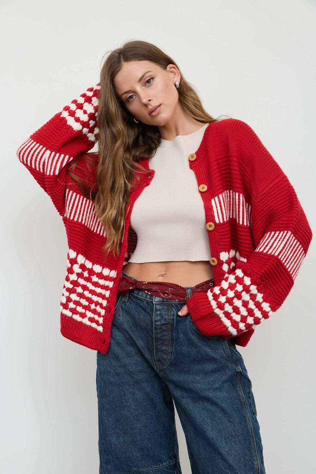 Contrast Stripe Pattern Button Down Cardigan (Red)