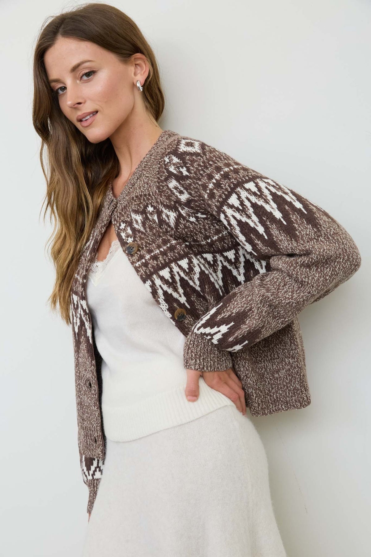 Marled Fair Isle Button Down Knit Cardigan