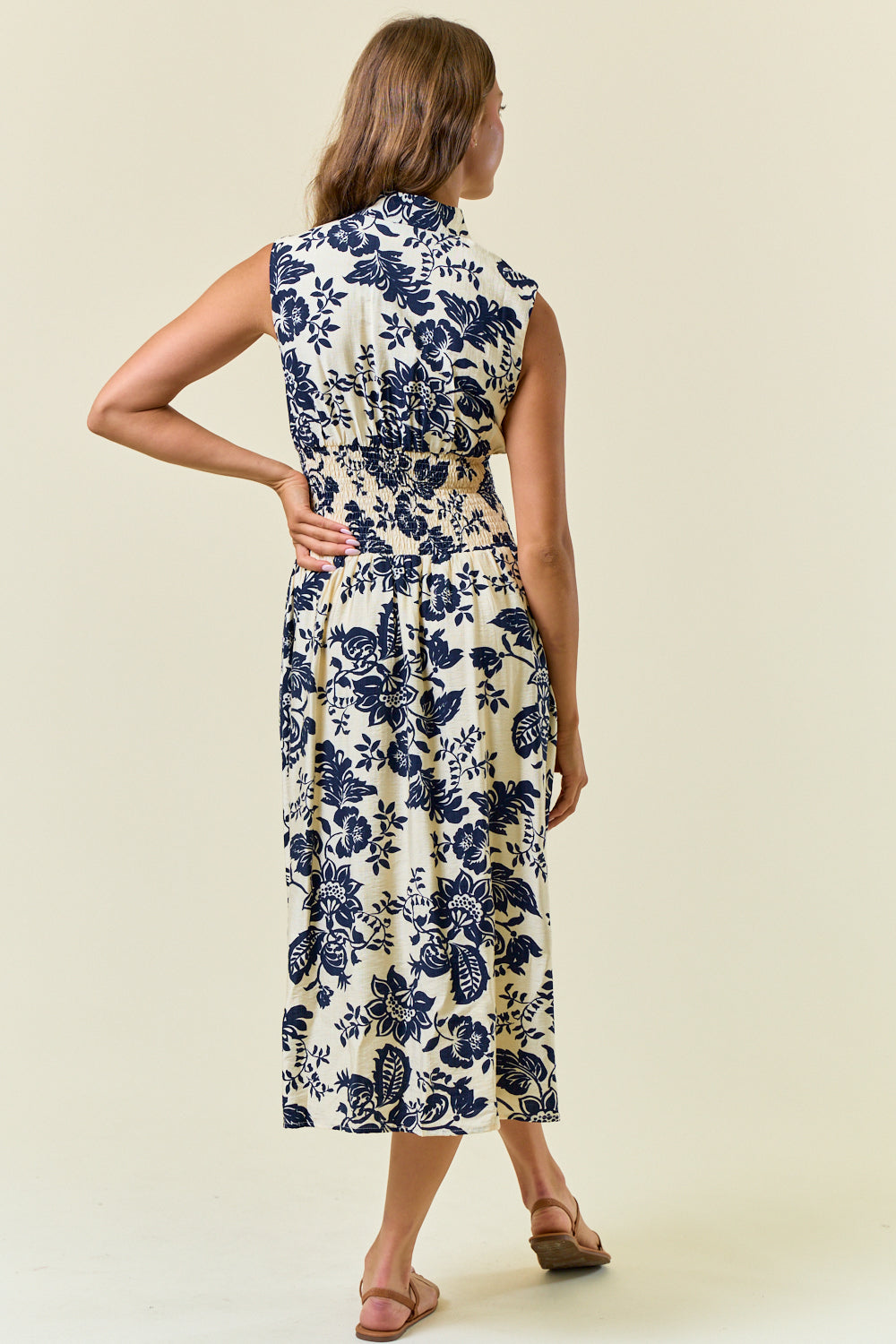 Navy Floral Zipper Front Midi Dress