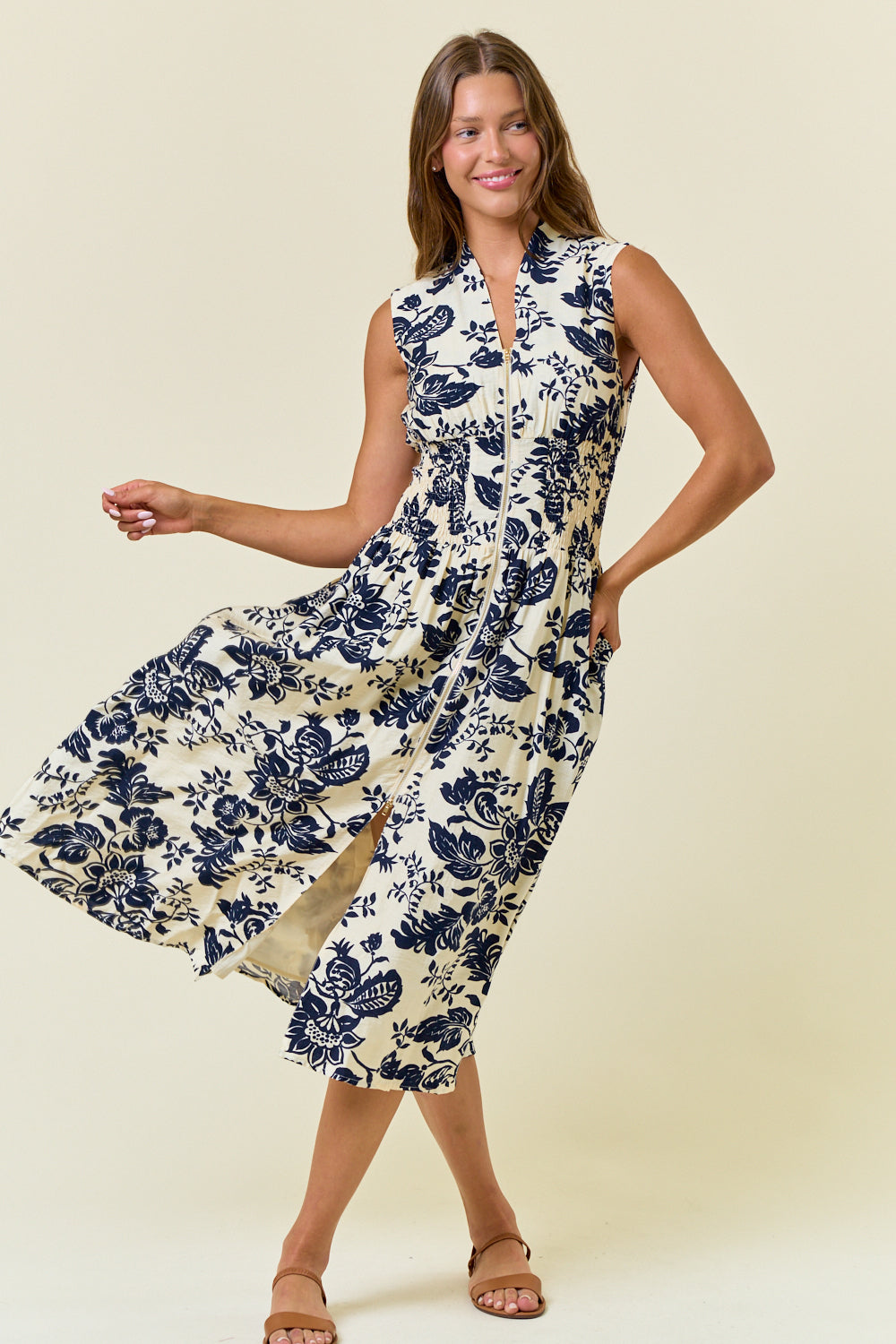 Navy Floral Zipper Front Midi Dress