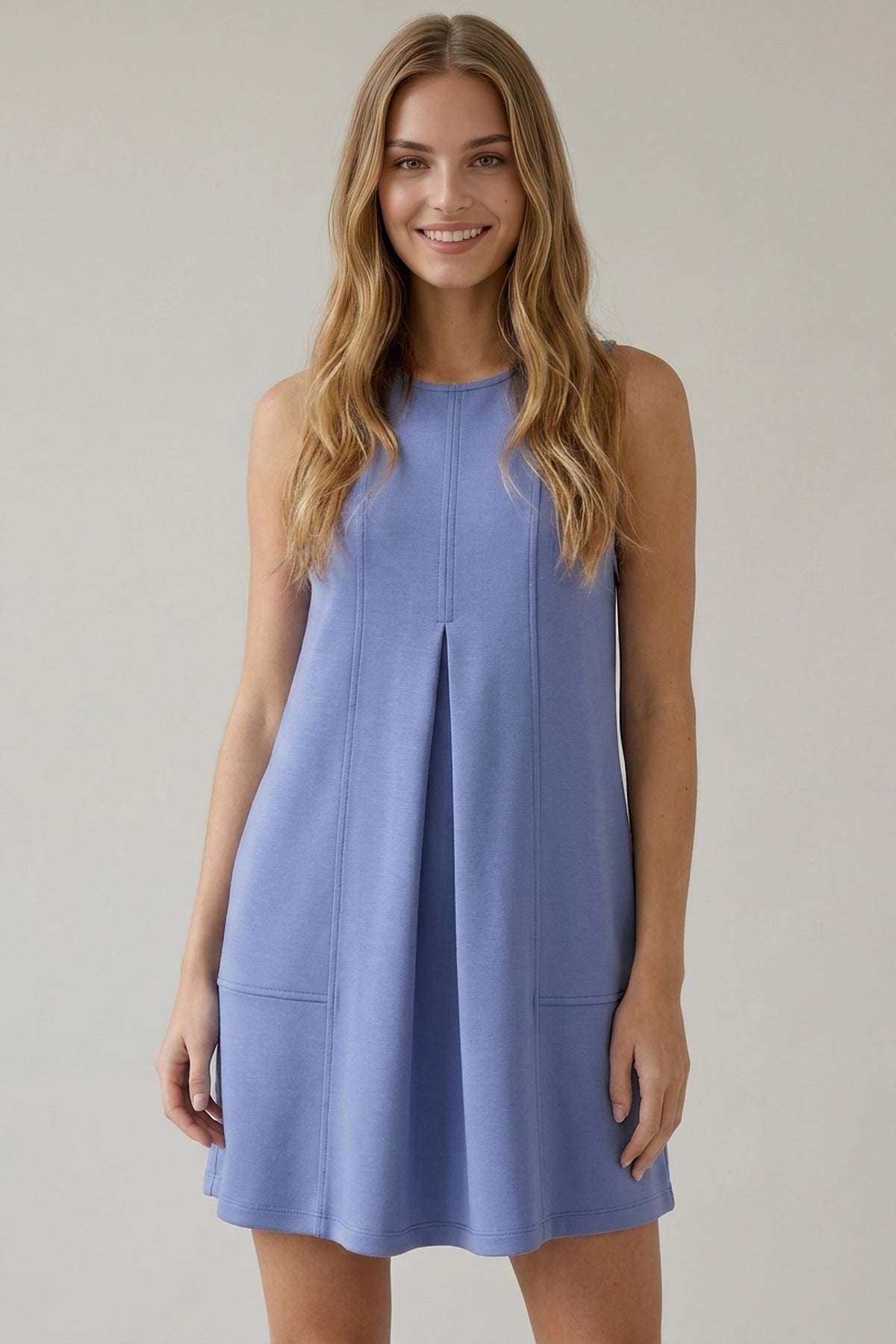 Sleeveless Front Pleat Zipper Back Swing Dress