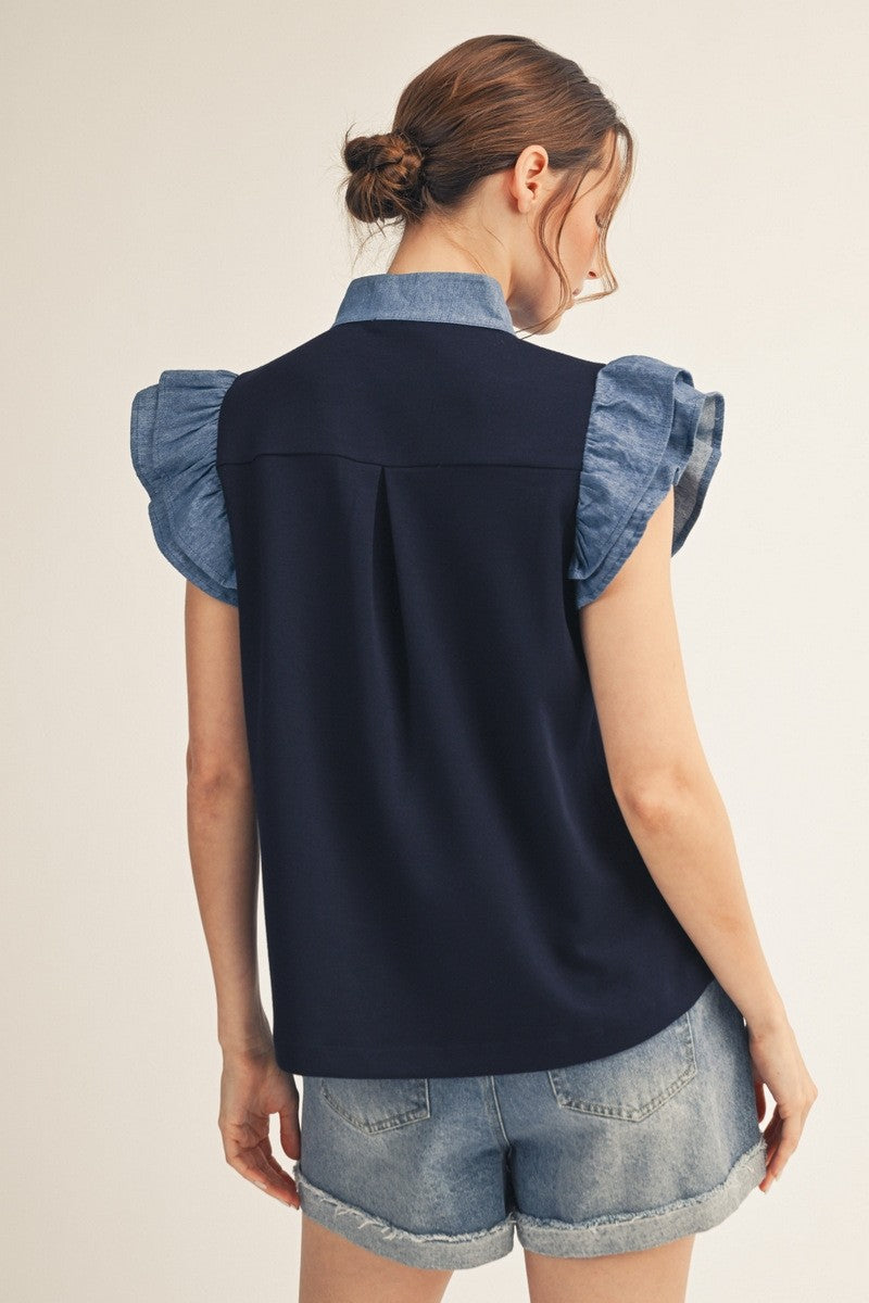 Denim Contrast Ruffle Sleeve Top