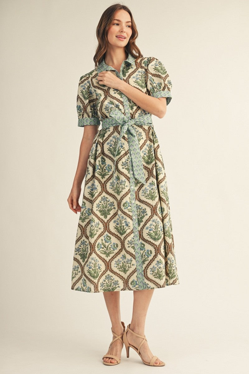 Button Front Tie Waist Floral Print Midi Dress